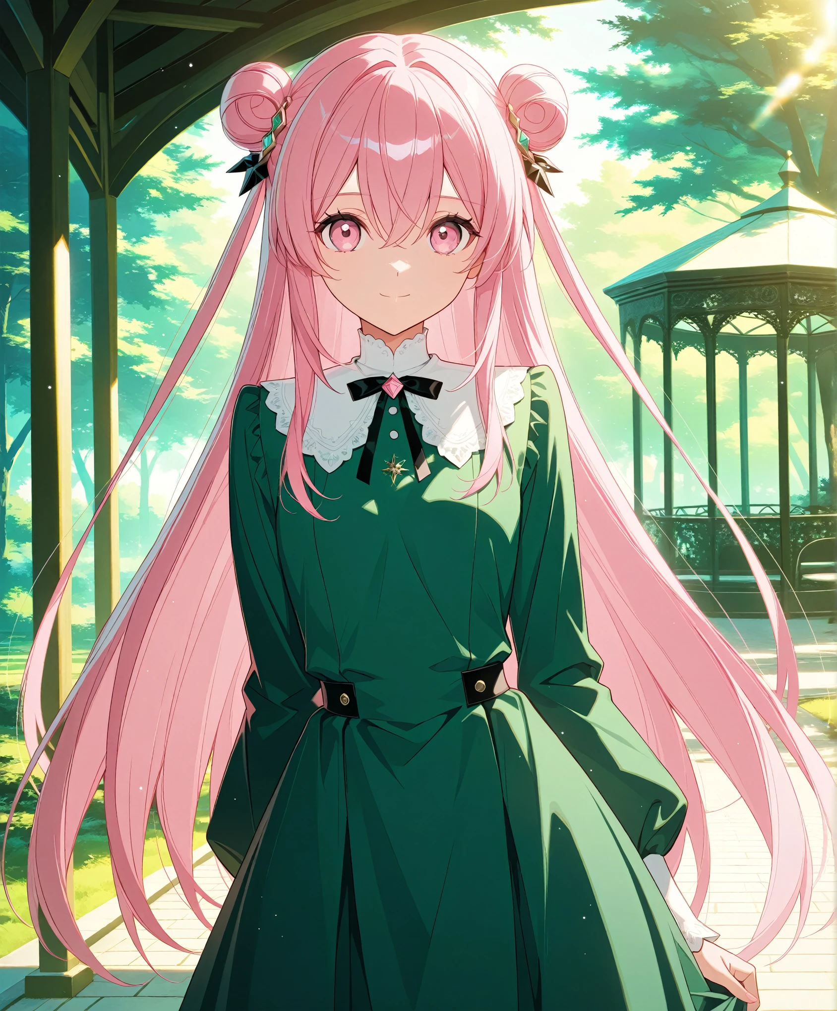 score_9, score_8_up, score_7_up, masterpiece, absurdres, source_anime,safe, 1girl, solo, adult, girl focus, adult, very detailed expressive eyes, very detailed eyes, aesthetic eyes, bright eyes, (bright pink eyes),  pink eyes, beautifully styled hair, very detailed hair, straight hair, bright pink hair, long hair, hair between eyes, (hair styled straight),  (two small hair buns), (straight hair),  loose hair,styled hair,  little smile, looking at viewer, (small breasts), shiny skin, healthy skin colour, BREAK
(green dress, hair ornament),  standing,  half body, cowboy shot, BREAK
outdoors, nature, gazebo, BREAK
HDR, 8K, masterpiece, best quality, amazing quality, very aesthetic, high resolution, ultra-detailed, absurdres, newest, scenery, 
aesthetic detailed background, best quality, game cg aesthetics,
 beautiful detailed eyes, detailed skin, detailed hair, light particles,  depth of field, natural shadows, 
(masterpiece), ultra-detailed, 1024k UHD wallpaper, ultra-high resolution, depth of field, HDR, Ray tracing, RTX, high saturation, photon mapping, best texture quality, best compotitions, (extremely detailed CG 1024k wallpaper), High Details, Detailed face, Detailed Clothes, Ultra HD Photo, Perfect Face, expressive eyes, bright colours