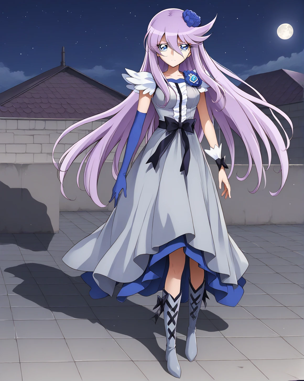 for once，cure moonlight,  purple hair,  long hair,  medium breasts,
  hair flower, Blog,  Single Elbow Glove ,  single wrist cuff  ,  dress,Waist Bow  ,  boots,
  1 girl,Alone,
  standing,  full body,
rooftop,  knight , Starry Sky ,moon,
  expressionless,
break, score_9,score_8_  up,score_7_  up,  source_Anime,  top quality  ,Masterpiece, Uncensored Detailed Eye  ,