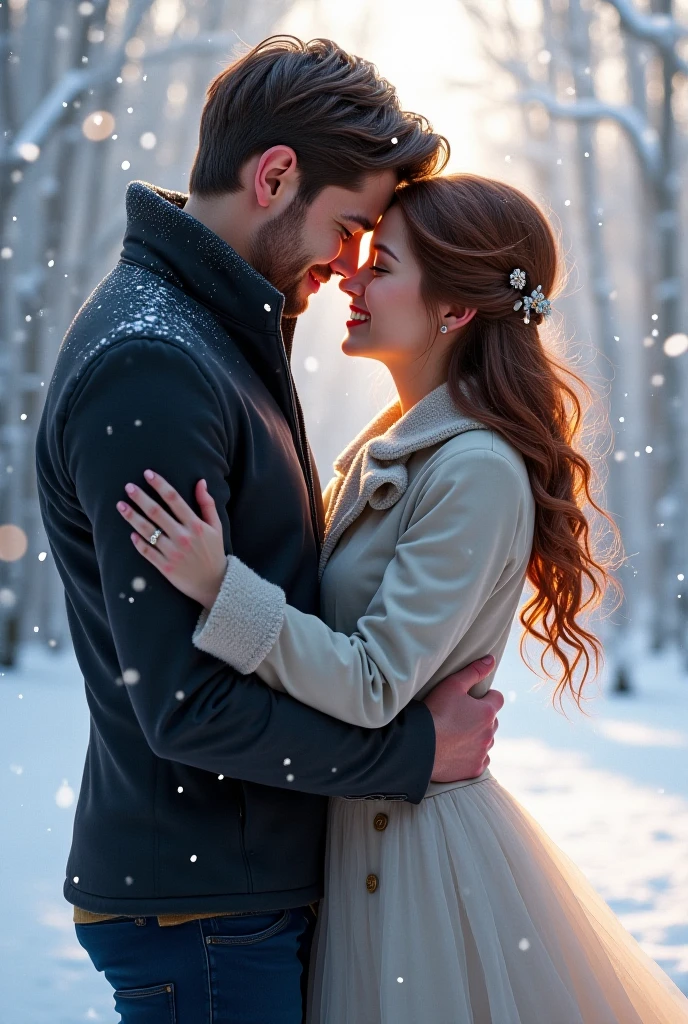 Create an image that captures the essence award-winning photograpy, Visualize a enchanting photo of passionate Couple in a Snowy park. Their skin should be meticulously detailed, with eyes that glow with life, and a facial structure that fits the golden ratio of attractiveness, including clear double eyelids. | They are wearing trendy yet elegant winter outfit, and they are moving with a dynamic and bold grace. The setting is a beautiful Snowy park, with them poised under the warm light of sunlight, casting striking shadows around them. Capture them from a low angle to reveal their whole body in a dynamic pose, adding to the intensity of the scene. They look each other passionately, their expression both engaging and ethereal. | Rendered in ultra-high detail and quality, this masterpiece ensures anatomical correctness and textured skin with super detail. With a focus on high quality and accuracy, this award-winning portrayal captures every nuance in stunning 16k resolution, immersing viewers in its lifelike depiction. | ((trendy and elegant winter outfit):1.1), ((fancy handgloves):1.1). | (((anatomical correctness))), (((perfect_fingers))), (((perfect_legs))), (((perfect_hands))), ((perfect_composition, perfect_design, perfect_layout, perfect_detail, ultra_detailed)), ((enhance_all, fix_everything)), More Detail, Enhance.