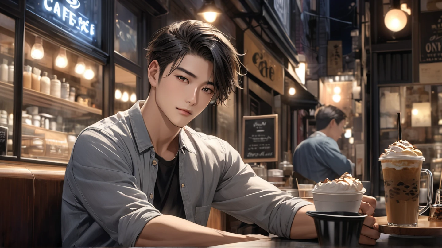 A boy, dark wind, suit, sunshine, drinking, eating late-night snacks, nightfall