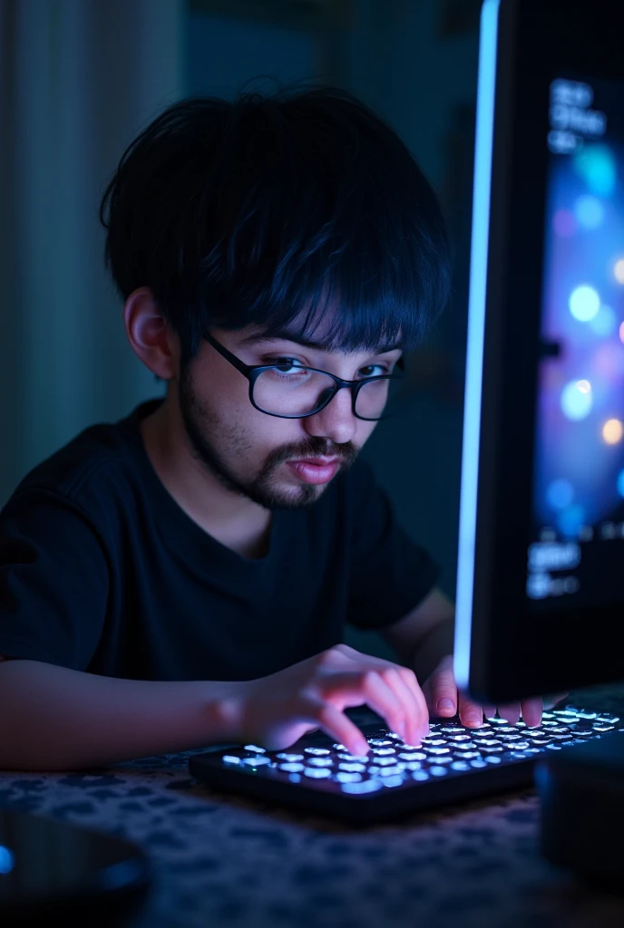A 20-year-old boy
programming and a company logo
Larger than the face can be seen and the company logo is in writing