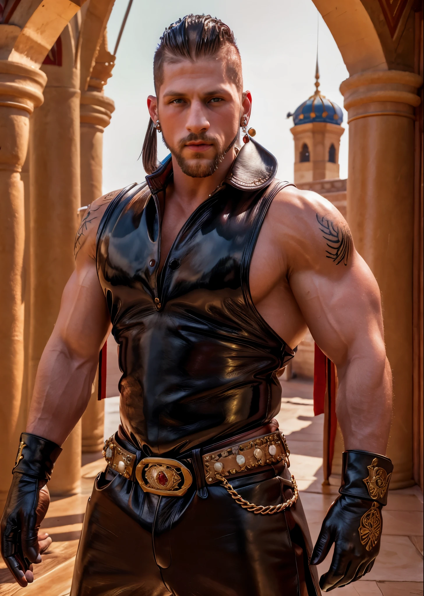 a muscular shirtless arabian man, leather harness, briefs, black gloves, outdoor, dark short hair, (best quality,4k,8k,highres,masterpiece:1.2),ultra-detailed,(realistic,photorealistic,photo-realistic:1.37),portrait,dramatic lighting,cinematic composition,chiaroscuro,moody atmosphere,intense gaze