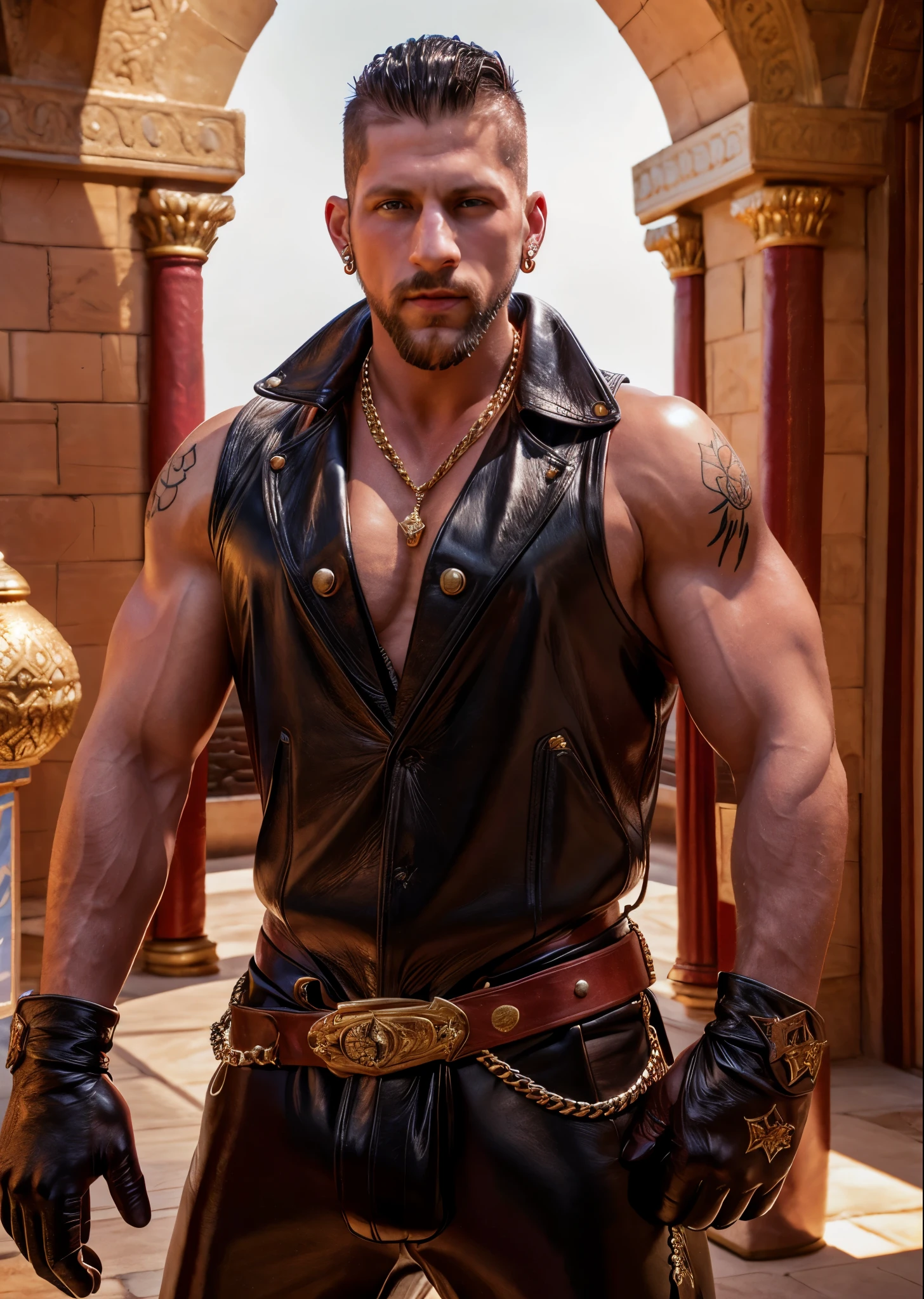 Muscular man,alone,golden spear,short styled hair,dark brown hair, Italian man,ripped white jeans,black military boot,smile,yellow colored eyes,castle,costume,(best quality,4k,8k,highres,masterpiece:1.2),ultra-detailed,(realistic,photorealistic,photo-realistic:1.37),portraits,vivid colors,studio lighting,sharp focus,physically-based rendering,extreme detail description