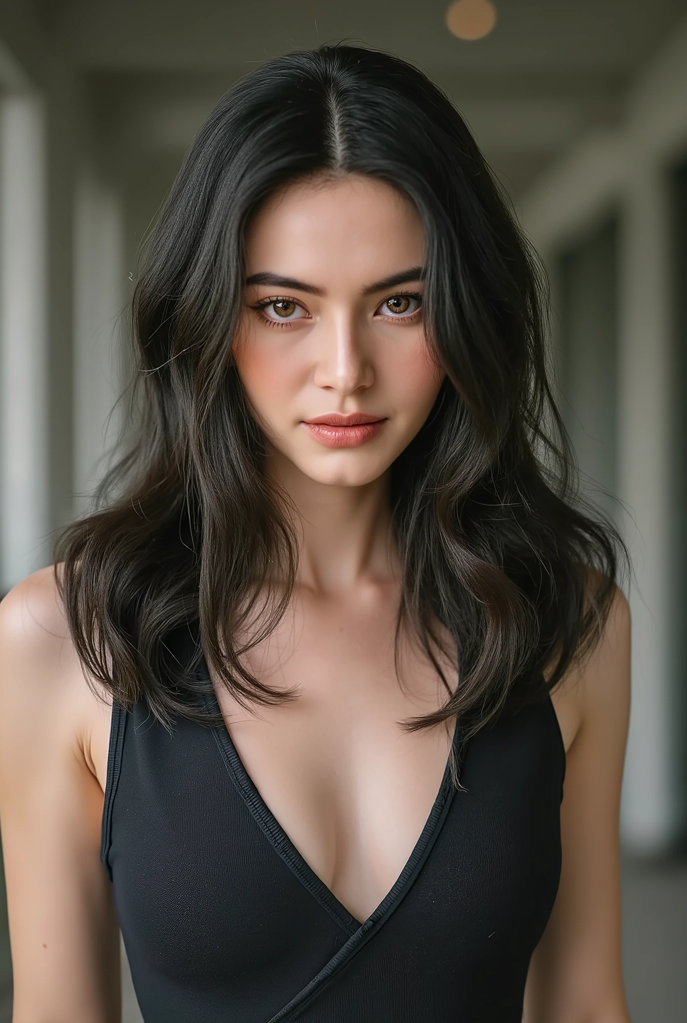  pretty girl, bodysuit, Blurred background, Black hair,  blue eyes , Showing a deep neck    