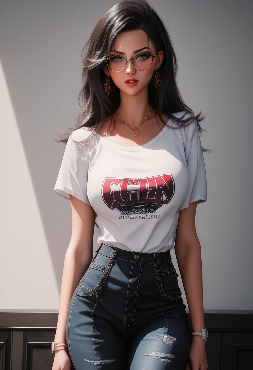 Mujer hermosa, ((24 years old)), calle, camiseta, 1980s, retro, pelo cola de caballo larga y ondulada de pelo oscuro, (obra maestra), extremadamente detallado