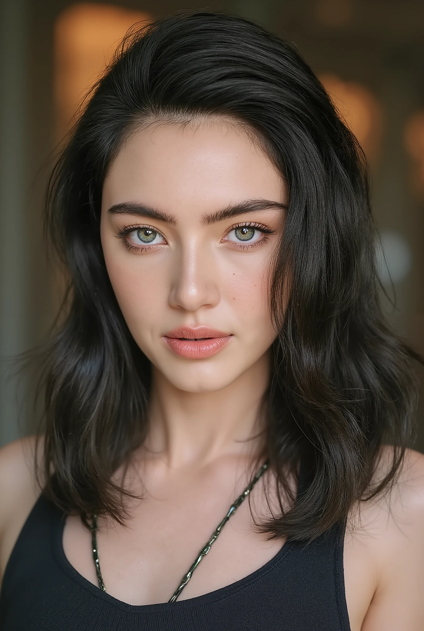 pretty girl, bodysuit, Blurred background, Black hair, blue eyes , Showing a deep neck