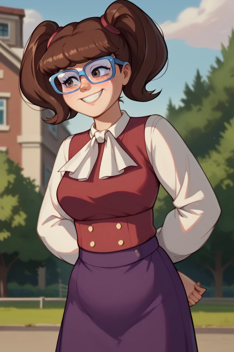 score_9, score_8_up, score_7_up, BREAK, madelyn, brown hair, twintails, glasses, blue framed glasses, purple skirt, long sleeves, ascot, outdoors, smiling, shy, freckles, brown eyes, hands behind back, chubby, red collared shirt