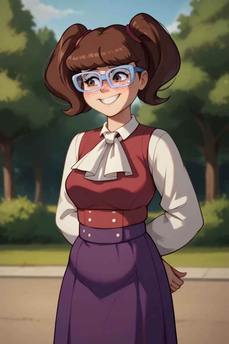 score_9, score_8_up, score_7_up, BREAK, madelyn, brown hair, twintails, glasses, blue framed glasses, purple skirt, long sleeves, ascot, outdoors, smiling, shy, freckles, brown eyes, hands behind back, chubby, red collared shirt