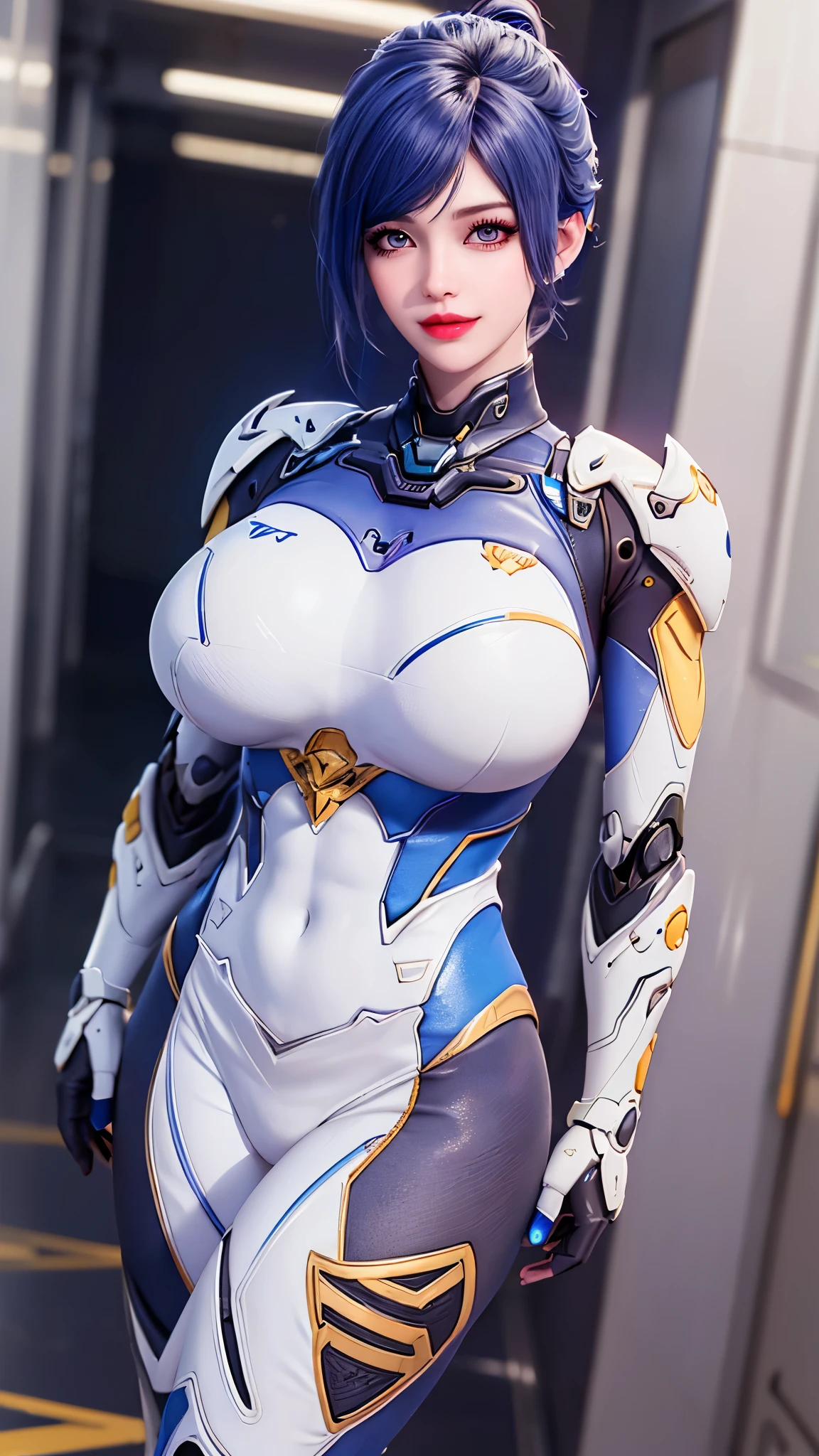 A beauty model girl, golden mecha_musume, (CLOSE UP UPPER BODY:0.8), (COWBOY SHOT PORTRAIT:1.4), ((K CUP OVERSIZE BREASTS, HUGE FAKE BREASTS:1.3)), (11 LINE ABS:1.5), ((RGB COLOR MECHA GUARD ARM, MECHA GUARD SHOULDER:1.5)), (SHINY BLUE SKINTIGHT MECHA TRANSPARANT WHITE ARMOR FROM OVERWATCH 2:1.5), (VOLUPTUOUS HOURGLASS BODY TYPE, GLOWING BODY PALE SKIN:1.3), (LOOKING AT VIEWER:1.5), (HALLWAY OF FUTURISTIC SPACE STATION:1.3), (BRIGHT LIGHT WHITE_ROOM:1.3), HYPER TEXTURE, UNREAL ENGINE RENDER, PHYSICALLY-BASED RENDERING, ULTRA HIGHT DEFINITION, 16K, DSLR, 1080P.