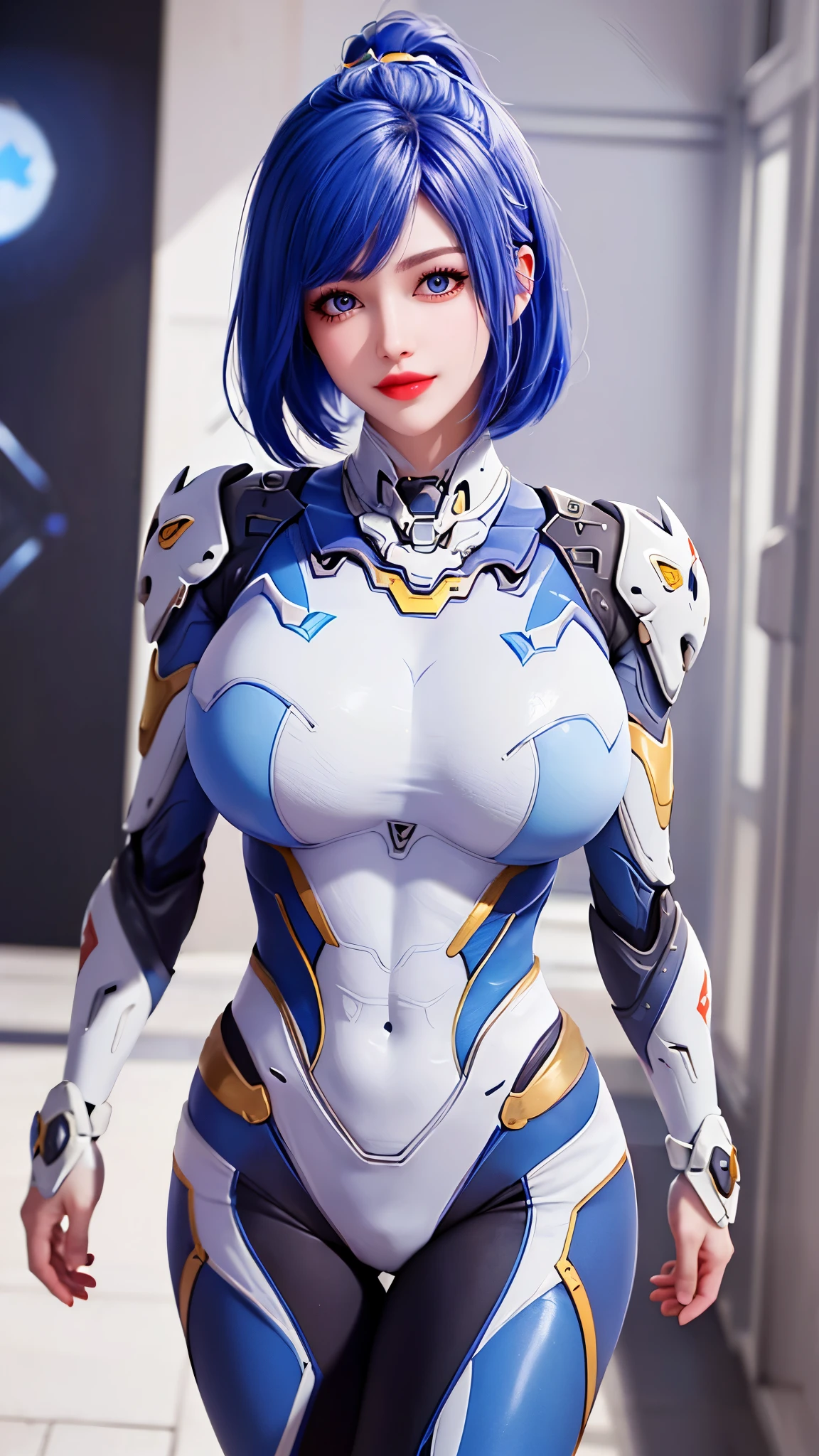 A beauty model girl, golden mecha_musume, (CLOSE UP UPPER BODY:0.8), (COWBOY SHOT PORTRAIT:1.4), ((K CUP OVERSIZE BREASTS, HUGE FAKE BREASTS:1.3)), (11 LINE ABS:1.5), ((RGB COLOR MECHA GUARD ARM, MECHA GUARD SHOULDER:1.5)), (SHINY BLUE SKINTIGHT MECHA TRANSPARANT WHITE ARMOR FROM OVERWATCH 2:1.5), (VOLUPTUOUS HOURGLASS BODY TYPE, GLOWING BODY PALE SKIN:1.3), (LOOKING AT VIEWER:1.5), (HALLWAY OF FUTURISTIC SPACE STATION:1.3), (BRIGHT LIGHT WHITE_ROOM:1.3), HYPER TEXTURE, UNREAL ENGINE RENDER, PHYSICALLY-BASED RENDERING, ULTRA HIGHT DEFINITION, 16K, DSLR, 1080P.