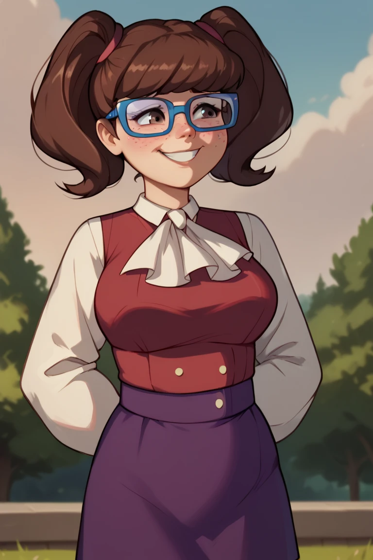 score_9, score_8_up, score_7_up, BREAK, madelyn, brown hair, twintails, glasses, blue framed glasses, purple skirt, long sleeves, ascot, outdoors, smiling, shy, freckles, brown eyes, hands behind back, chubby, red collared shirt, short skirt 