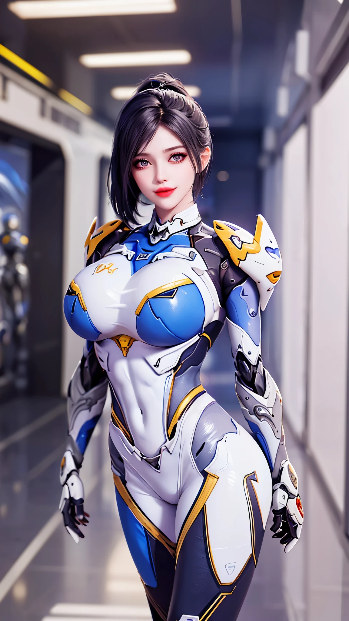 A beauty model girl with long ponytail hair, gold headwear accecories, (CLOSE UP UPPER BODY:0.8), (COWBOY SHOT PORTRAIT:1.4), ((K CUP OVERSIZE BREASTS, HUGE FAKE BREASTS:1.3)), (11 LINE ABS:1.5), ((RGB COLOR MECHA GUARD ARM, MECHA GUARD SHOULDER:1.5)), (SHINY BLUE SKINTIGHT MECHA TRANSPARANT WHITE ARMOR FROM OVERWATCH 2:1.5), (VOLUPTUOUS HOURGLASS BODY TYPE, GLOWING BODY PALE SKIN:1.3), (LOOKING AT VIEWER:1.5), (HALLWAY OF FUTURISTIC SPACE STATION:1.3), (BRIGHT LIGHT WHITE_ROOM:1.3), HYPER TEXTURE, UNREAL ENGINE RENDER, PHYSICALLY-BASED RENDERING, ULTRA HIGHT DEFINITION, 16K, DSLR, 1080P.