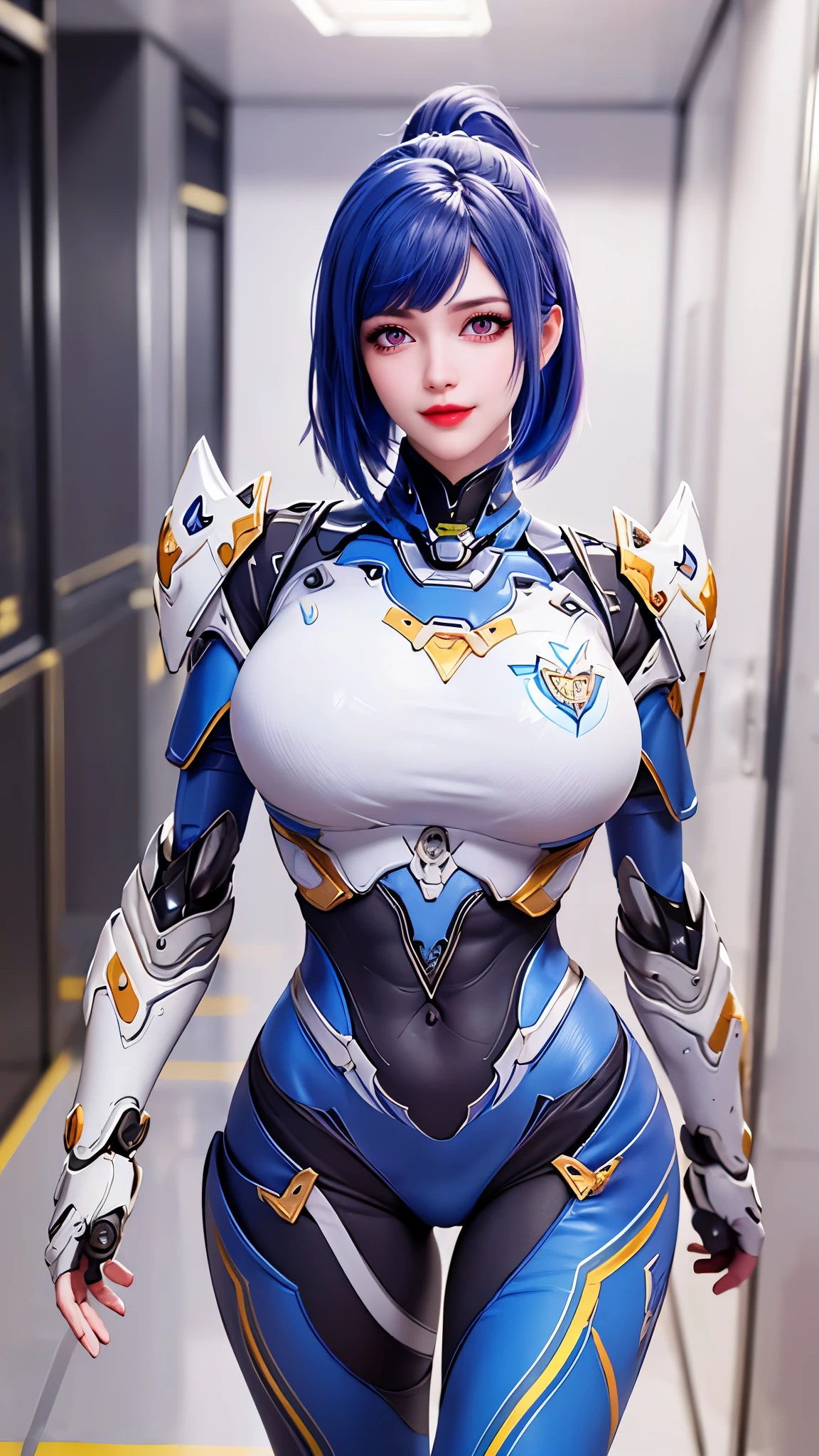 A beauty model girl with long ponytail hair, gold headwear accecories, (CLOSE UP UPPER BODY:0.8), (COWBOY SHOT PORTRAIT:1.4), ((K CUP OVERSIZE BREASTS, HUGE FAKE BREASTS:1.3)), (11 LINE ABS:1.5), ((RGB COLOR MECHA GUARD ARM, MECHA GUARD SHOULDER:1.5)), (SHINY BLUE SKINTIGHT MECHA TRANSPARANT WHITE ARMOR FROM OVERWATCH 2:1.5), (VOLUPTUOUS HOURGLASS BODY TYPE, GLOWING BODY PALE SKIN:1.3), (LOOKING AT VIEWER:1.5), (HALLWAY OF FUTURISTIC SPACE STATION:1.3), (BRIGHT LIGHT WHITE_ROOM:1.3), HYPER TEXTURE, UNREAL ENGINE RENDER, PHYSICALLY-BASED RENDERING, ULTRA HIGHT DEFINITION, 16K, DSLR, 1080P.