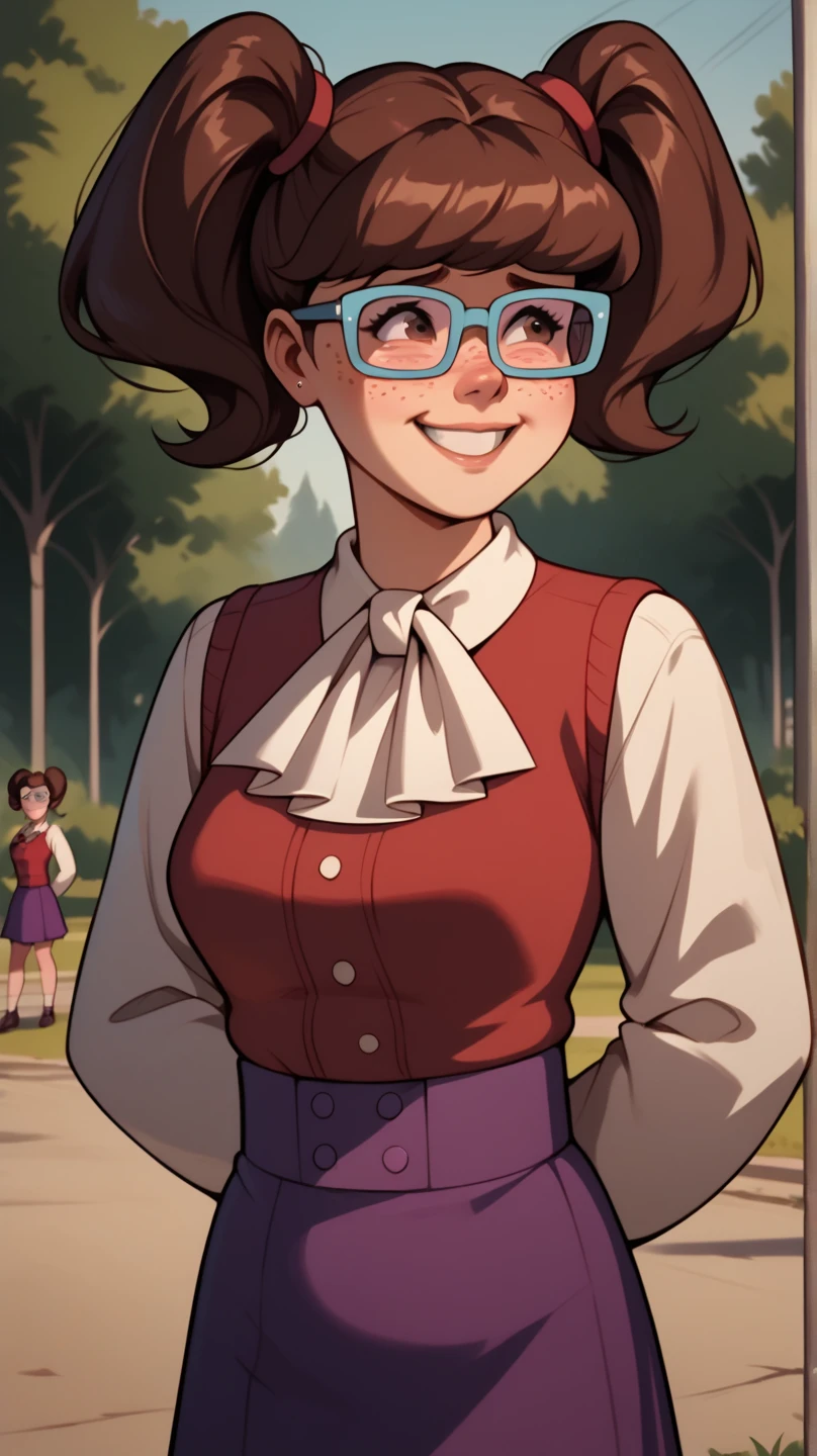 score_9, score_8_up, score_7_up, BREAK, madelyn, brown hair, twintails, glasses, blue framed glasses, purple skirt, long sleeves, ascot, outdoors, smiling, shy, freckles, brown eyes, hands behind back, chubby, red collared shirt, short skirt