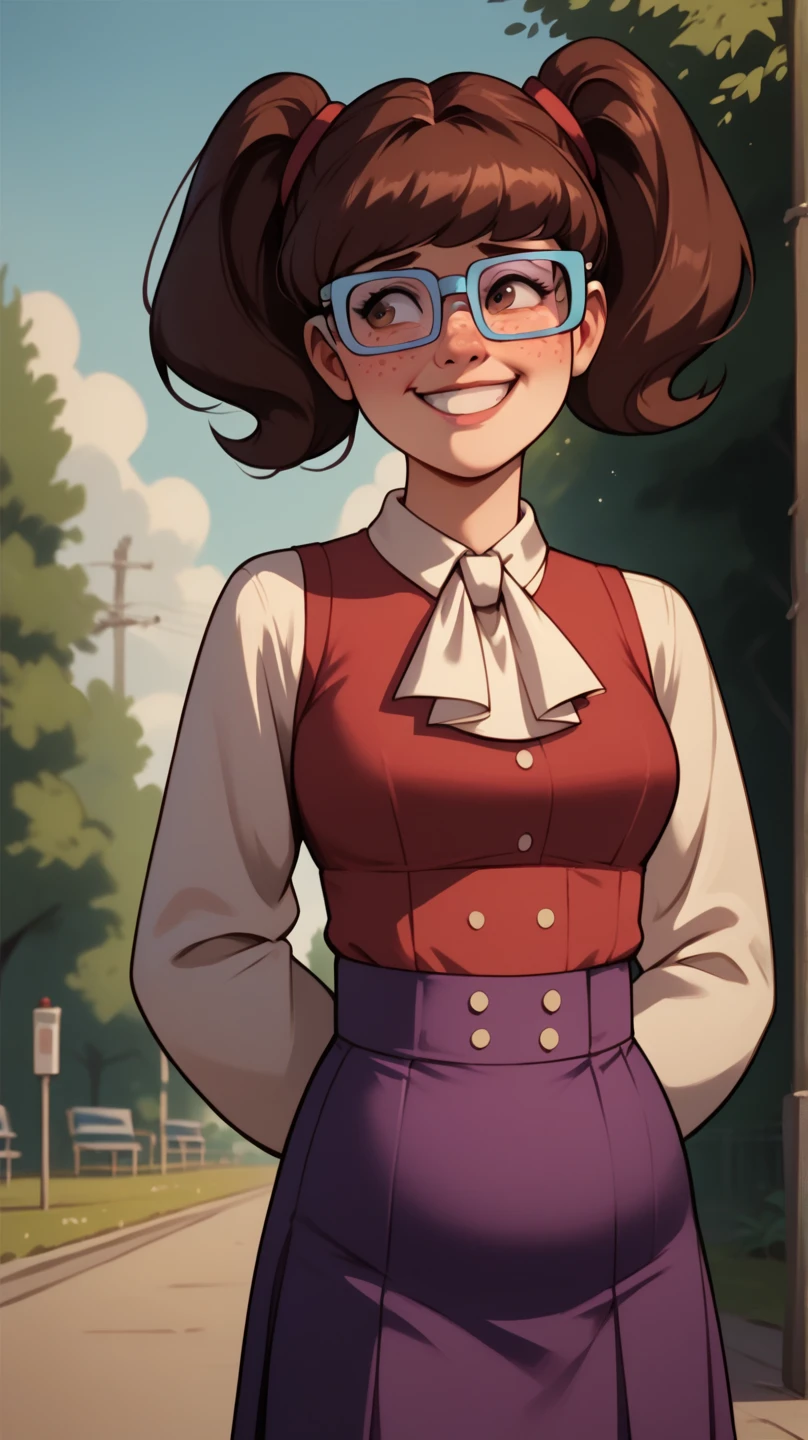 score_9, score_8_up, score_7_up, BREAK, madelyn, brown hair, twintails, glasses, blue framed glasses, purple skirt, long sleeves, ascot, outdoors, smiling, shy, freckles, brown eyes, hands behind back, chubby, red collared shirt, short skirt