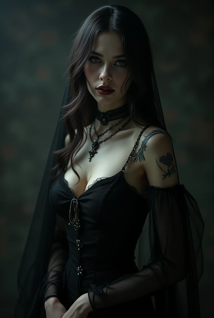 Chica gothic, white eyes, black lips, without expression lines, long black hair, black lace dress, sin collar, corset with small skull buttons, Wicca sexy. Gothic style, Beautiful necromancer, gothic, Gothic style, diosa gothic. frontal, Beautiful necromancer. Dark gloomy background, with small candles behind.
