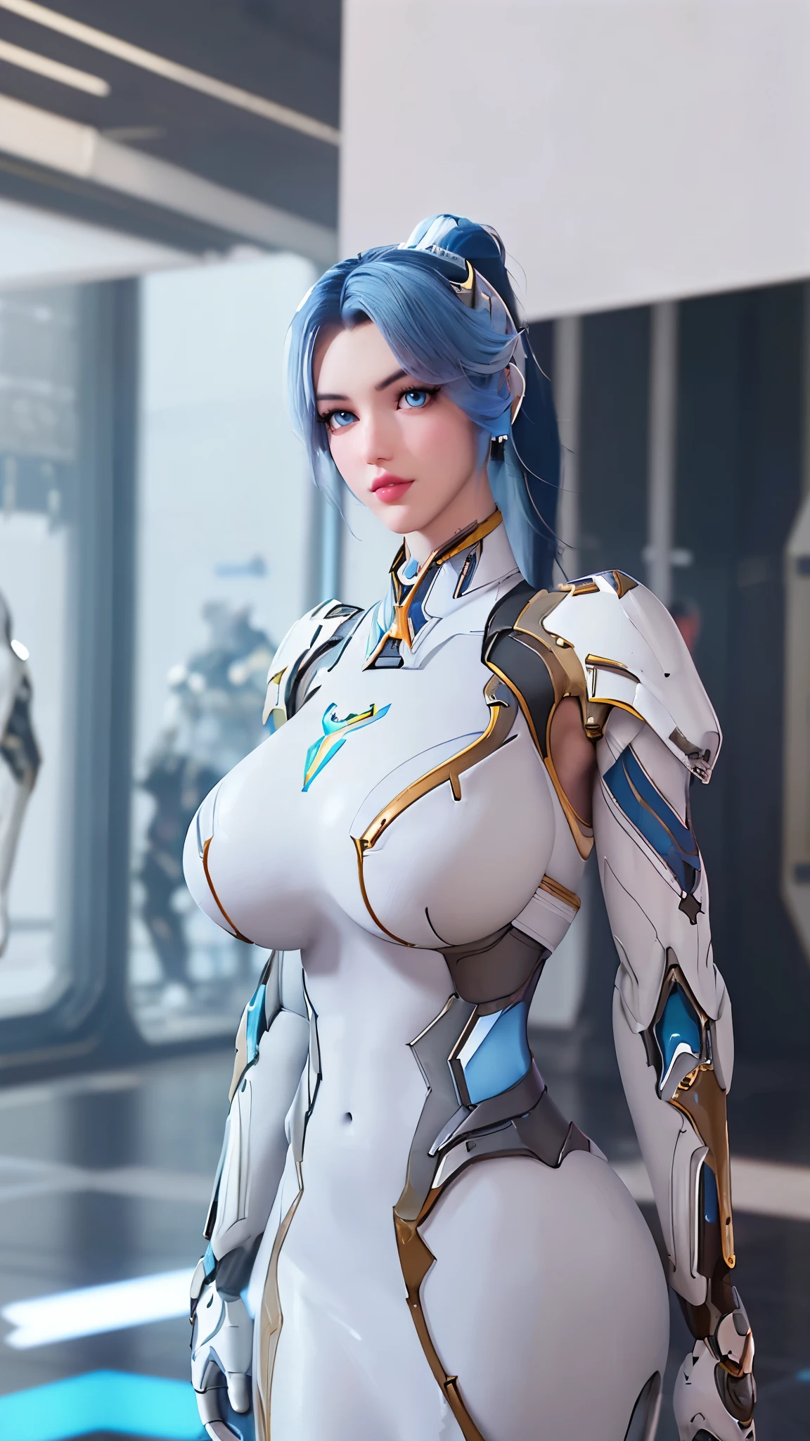 A beauty model girl with long ponytail hair, gold headwear accecories, (CLOSE UP UPPER BODY:0.8), (COWBOY SHOT PORTRAIT:1.4), ((K CUP OVERSIZE BREASTS, HUGE FAKE BREASTS:1.3)), (11 LINE ABS:1.5), ((RGB COLOR MECHA GUARD ARM, MECHA GUARD SHOULDER:1.5)), (SHINY BLUE SKINTIGHT MECHA TRANSPARANT WHITE ARMOR FROM OVERWATCH 2:1.5), (VOLUPTUOUS HOURGLASS BODY TYPE, GLOWING BODY PALE SKIN:1.3), (LOOKING AT VIEWER:1.5), (HALLWAY OF FUTURISTIC SPACE STATION:1.3), (BRIGHT LIGHT WHITE_ROOM:1.3), HYPER TEXTURE, UNREAL ENGINE RENDER, PHYSICALLY-BASED RENDERING, ULTRA HIGHT DEFINITION, 16K, DSLR, 1080P.