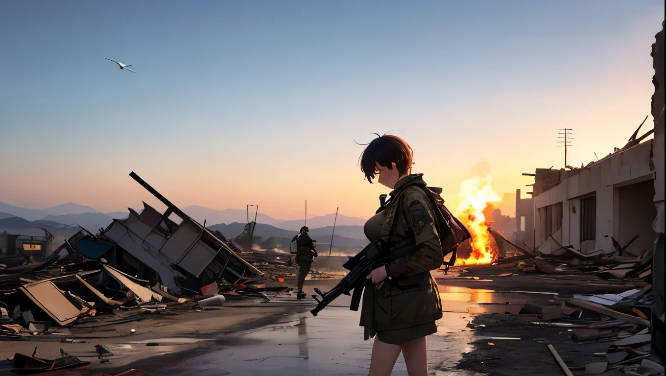 Big Breasts、Sisters with height differences、 I'm only wearing a military coat、He is carrying a rifle on his shoulder 、 holding a handgun in his left hand、Bare legs、 Ruins of Buildings to the Horizon、Burning Sun and Clear Skies 、shells are flying 