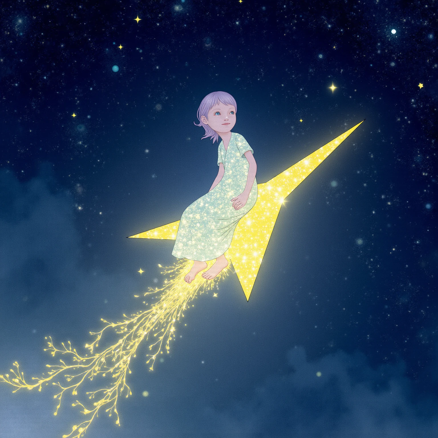  1 girl, Alone,  starry sky ,  shooting star, A Girl Who Rides on a Star,  long dress , Sparkling Light,  kind expression,  Fantasy, Night Sky,