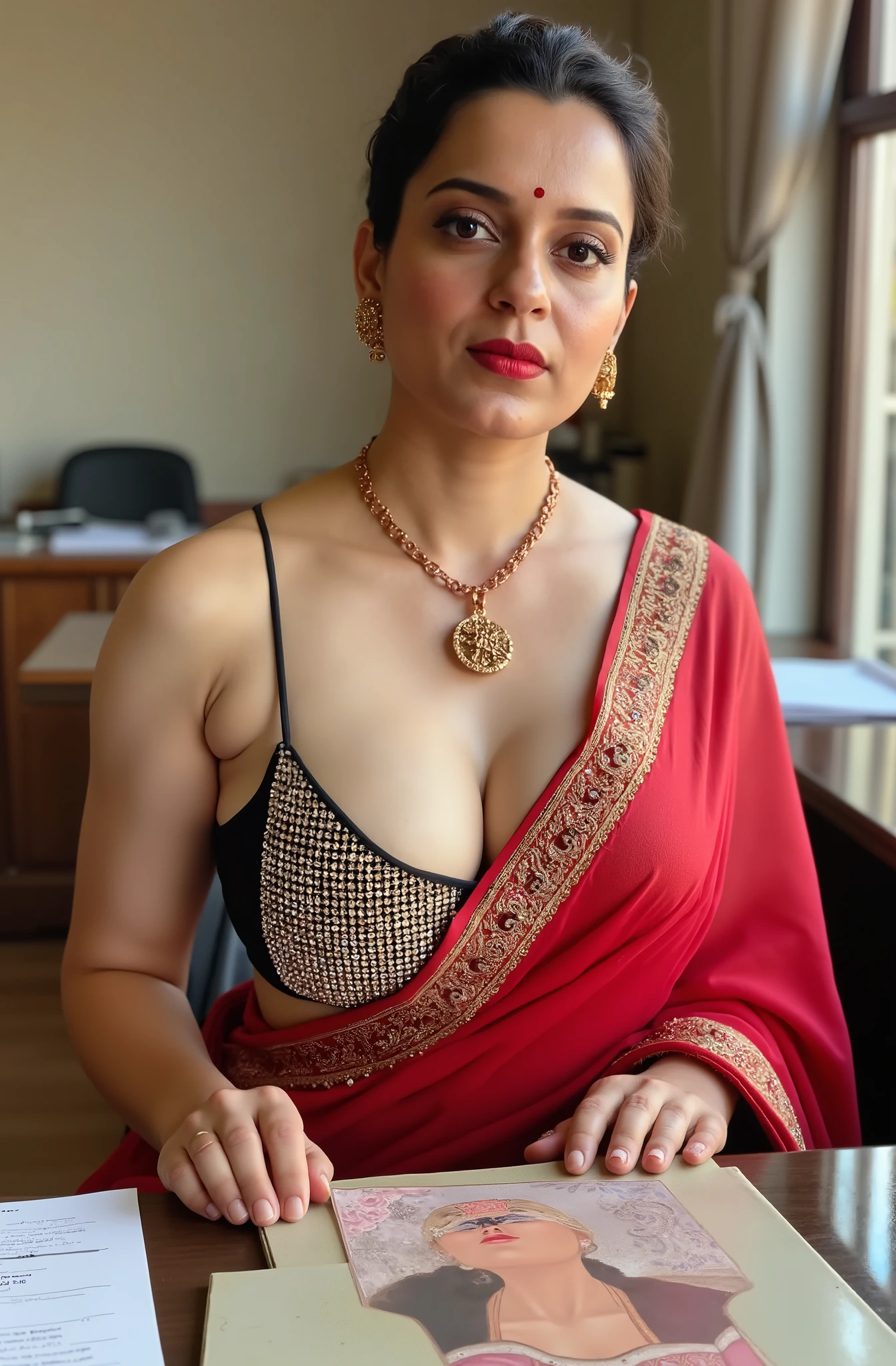 extreme close up photo of indian, big cheeks, hourglass figure, curvy, kneel down on all four on table in office, red lips, nerd ,big punches , necklace, sultry, only saree, no strio P .blouse,no bra,look at viewer and subtle smile, (cinematic:1.3), intricate details, (ArtStation:1.2)