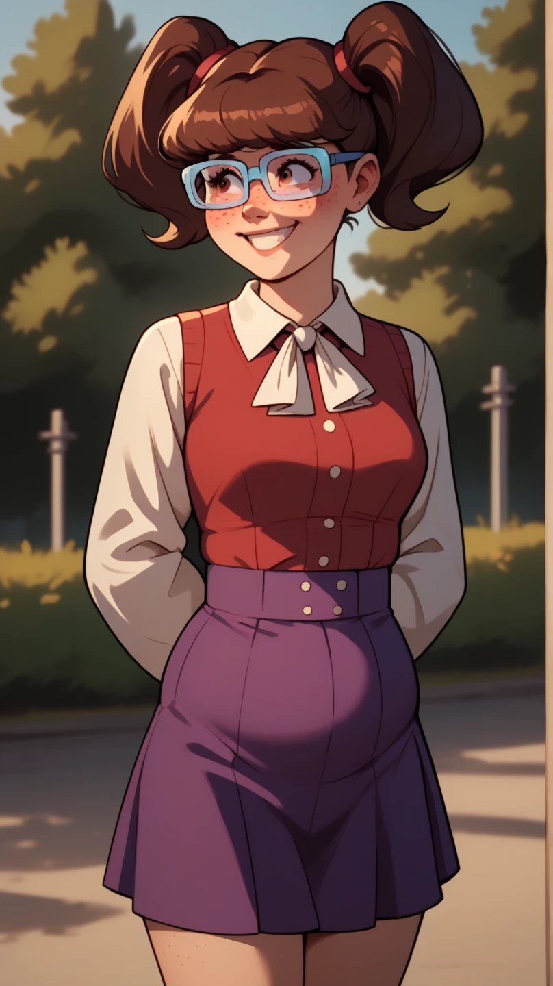 score_9, score_8_up, score_7_up, BREAK, madelyn, brown hair, twintails, glasses, blue framed glasses, purple skirt, long sleeves, outdoors, smiling, shy, freckles, brown eyes, hands behind back, chubby, red collared shirt, short skirt