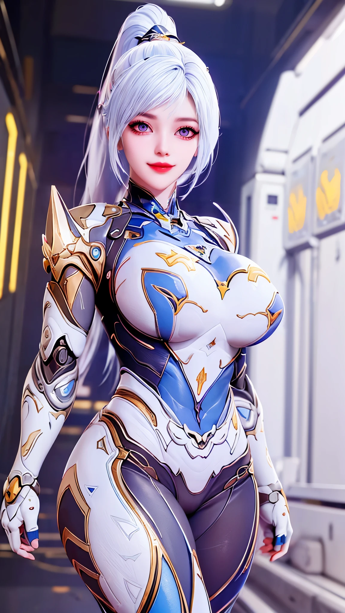 A beauty model girl with (long ponytail hair, gold headwear accecories:1.3), (CLOSE UP UPPER BODY:0.8), (COWBOY SHOT PORTRAIT:1.4), ((K CUP OVERSIZE BREASTS, HUGE FAKE BREASTS:1.3)), (11 LINE ABS:1.5), ((RGB COLOR MECHA GUARD ARM, MECHA GUARD SHOULDER:1.5)), (SHINY BLUE SKINTIGHT MECHA TRANSPARANT WHITE ARMOR FROM OVERWATCH 2:1.5), (VOLUPTUOUS HOURGLASS BODY TYPE, GLOWING BODY PALE SKIN:1.3), (LOOKING AT VIEWER:1.5), (HALLWAY OF FUTURISTIC SPACE STATION:1.3), (BRIGHT LIGHT WHITE_ROOM:1.3), HYPER TEXTURE, UNREAL ENGINE RENDER, PHYSICALLY-BASED RENDERING, ULTRA HIGHT DEFINITION, 16K, DSLR, 1080P.