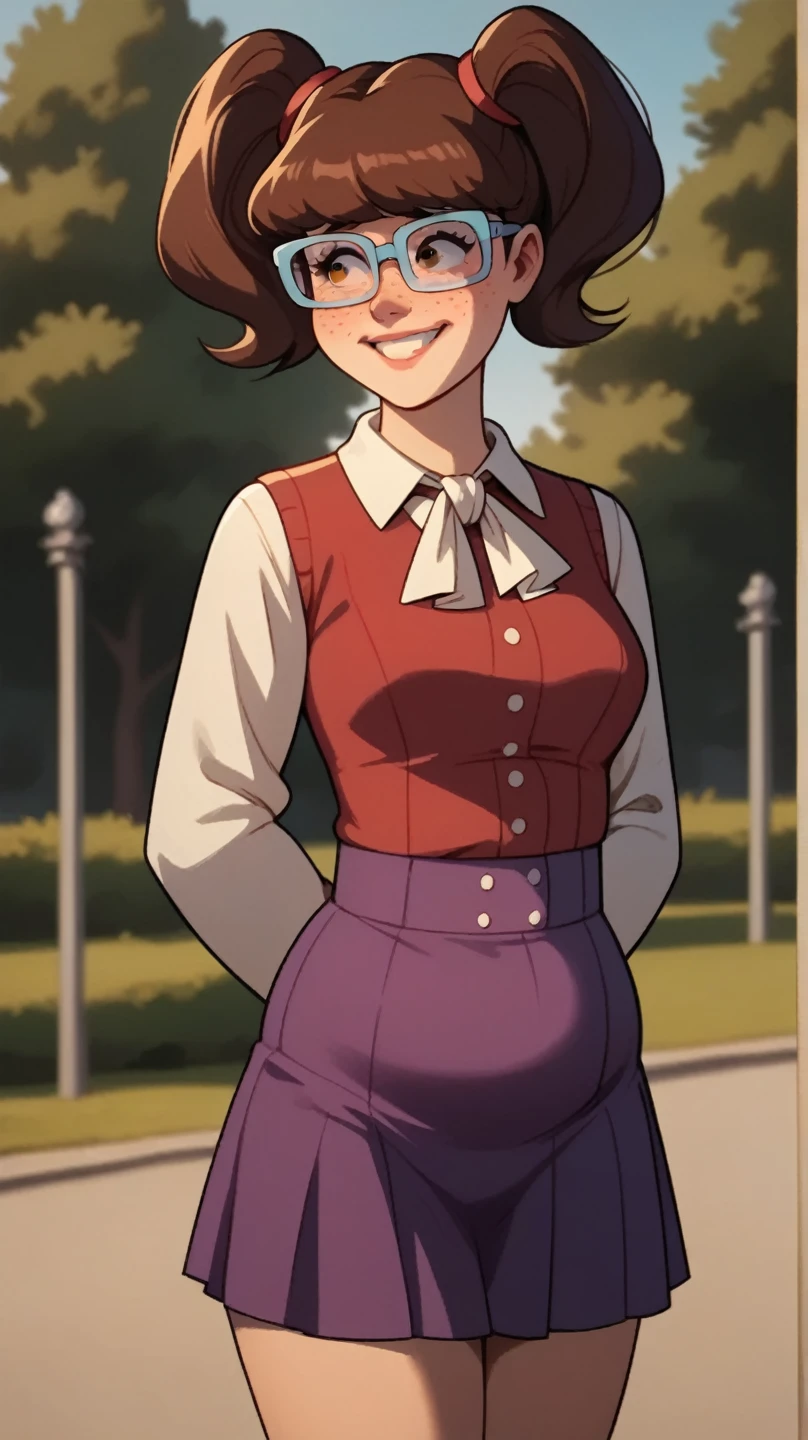 score_9, score_8_up, score_7_up, BREAK, madelyn, brown hair, twintails, glasses, blue framed glasses, purple skirt, long sleeves, outdoors, smiling, shy, freckles, brown eyes, hands behind back, chubby, red collared shirt, short skirt