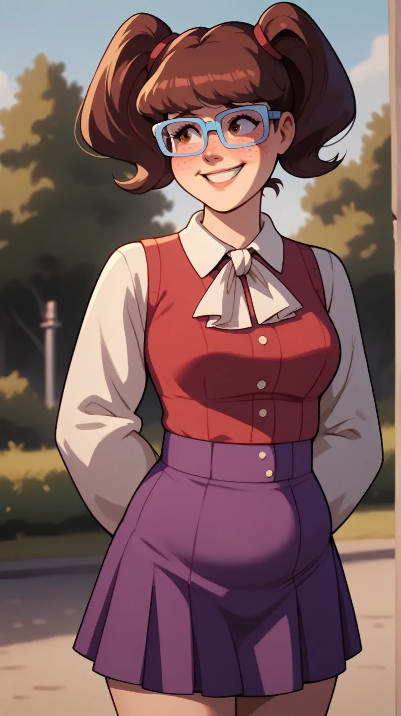 score_9, score_8_up, score_7_up, BREAK, madelyn, brown hair, twintails, glasses, blue framed glasses, purple skirt, long sleeves, outdoors, smiling, shy, freckles, brown eyes, hands behind back, chubby, red collared shirt, short skirt