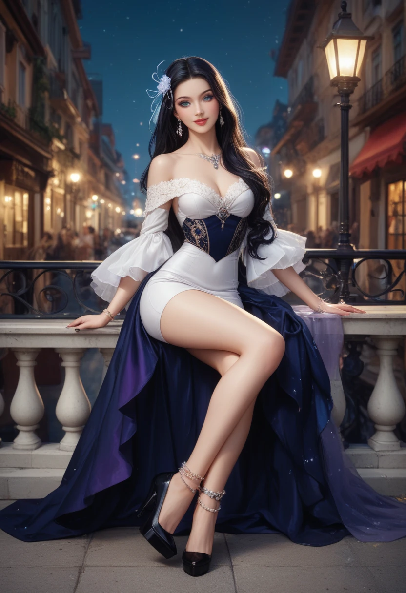 Cinematic shot over the shoulder 1 Iranian princess, tanned skin, white velvet royal dress, off the shoulder, heavy make-up, ruby ​​and emerald jewelry, long black hair, delicate crown with emerald and ruby ​​stonework, sitting in the palace courtyard, legs crossed , analog style, bokeh, depth of field, photorealistic, 35mm films, film grain, cinematic lighting