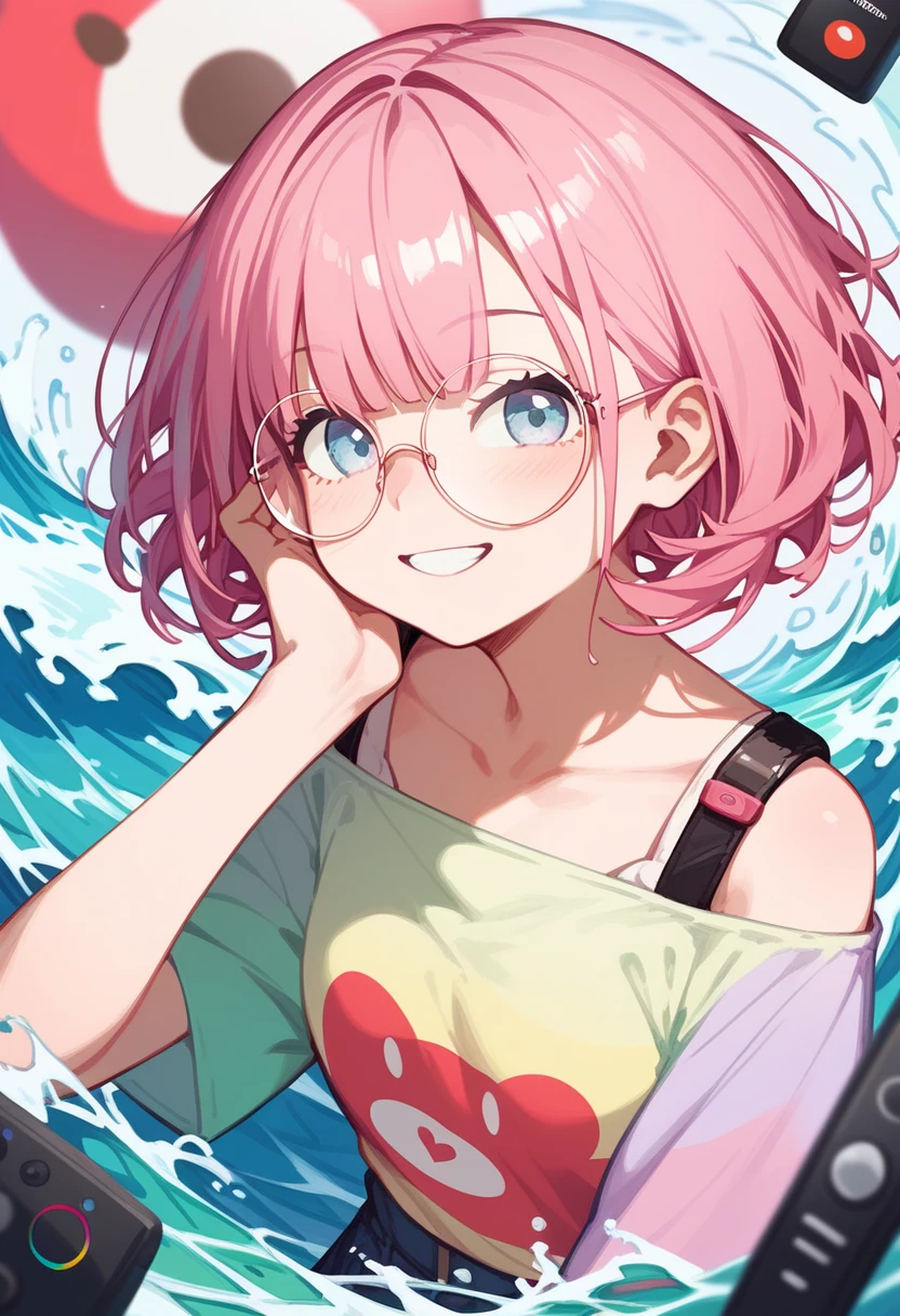 pink hair black glasses pink eyes extremely blushing she has very small breasts she wears a bikini she is a reserved girl who is in the sea