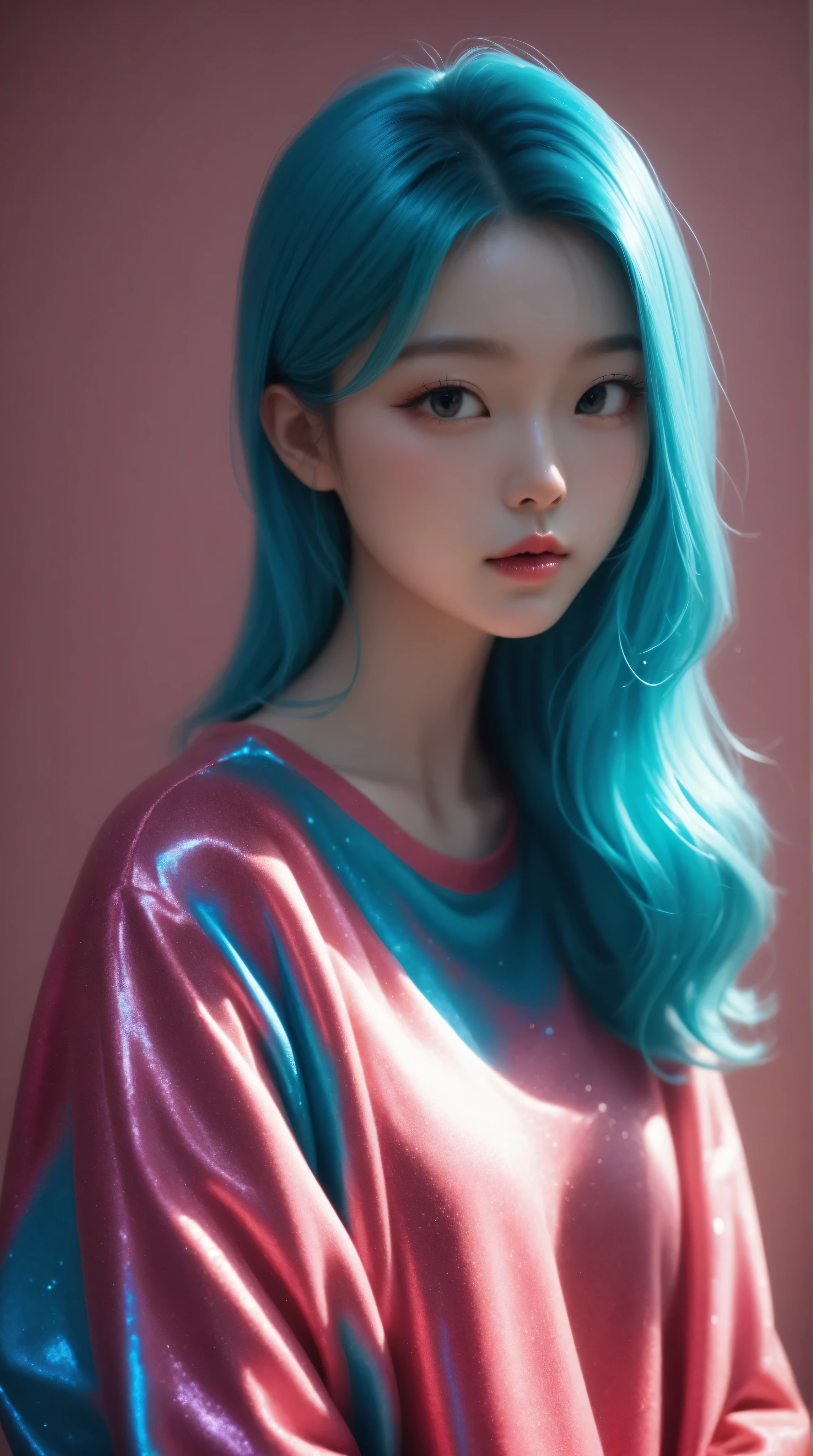 Kizi，Highly detailed, Amazing work，Vitreous luster,((clean backdrop))，In pink，(((blue colors)))，green color，red colour，Best quality at best，clean backdrop, young korean girl, slender, 
