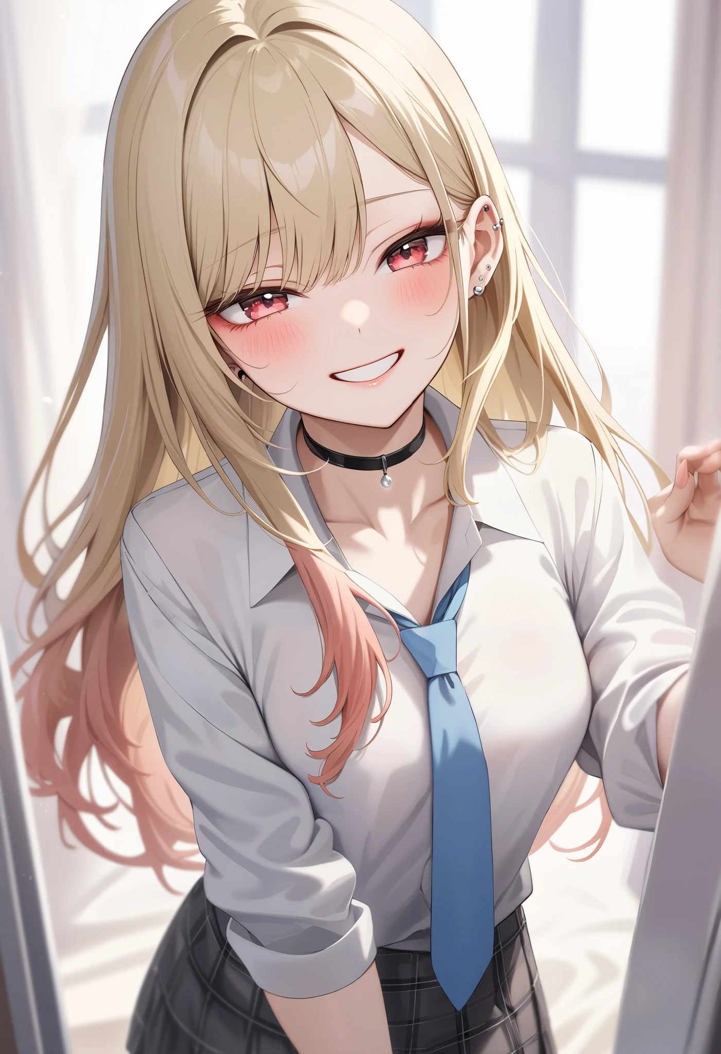(masterpiece, Highest quality, Very artistic, Super detailed, Intricate details), One girl, Kitagawa Umi, Kitagawa Marine, The Doll Falls in Love, sono bisque doll wa koi wo suru, Long Hair, Beautiful blonde, Red eyes, Ear piercing, Barbell Piercing, Black choker, Collared shirt, White shirt, Blue tie, smile, Grin, Upper Body, Looking at the camera, turn around,