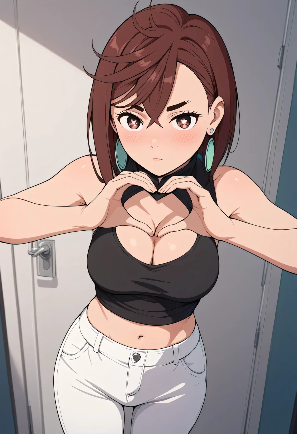 momo ayase, short hair, brown hair, brown eyes, bangs, thick eyebrows, medium breasts, artistic, heart hands,, bright pupils, short hair, feather hair ornament, earrings, black shirt, cleavage, sleeveless, midriff, white pants, blush,、CLEAVAGE,
 , earrings, blush, cleavage