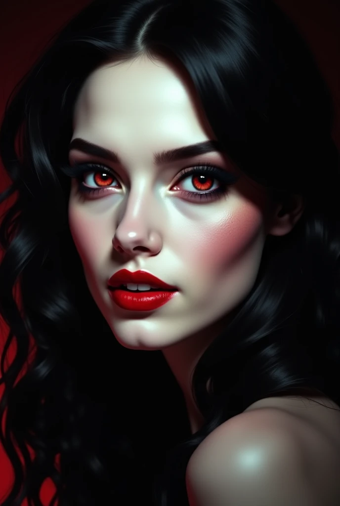 A strikingly elegant enchantress, her alabaster complexion stark against the black pencil skirt hugging her slender frame. Raven hair cascades like silk, framing piercing red eyes and lips that match the soles of her crimson heels. This image, perhaps a painting, radiates a sense of mystery and allure. Every detail is meticulously crafted, from the flawless makeup to the impeccable tailoring of her outfit. The overall effect is mesmerizing, drawing viewers into the enigmatic beauty of this femme fatale. Red eyes and fangs