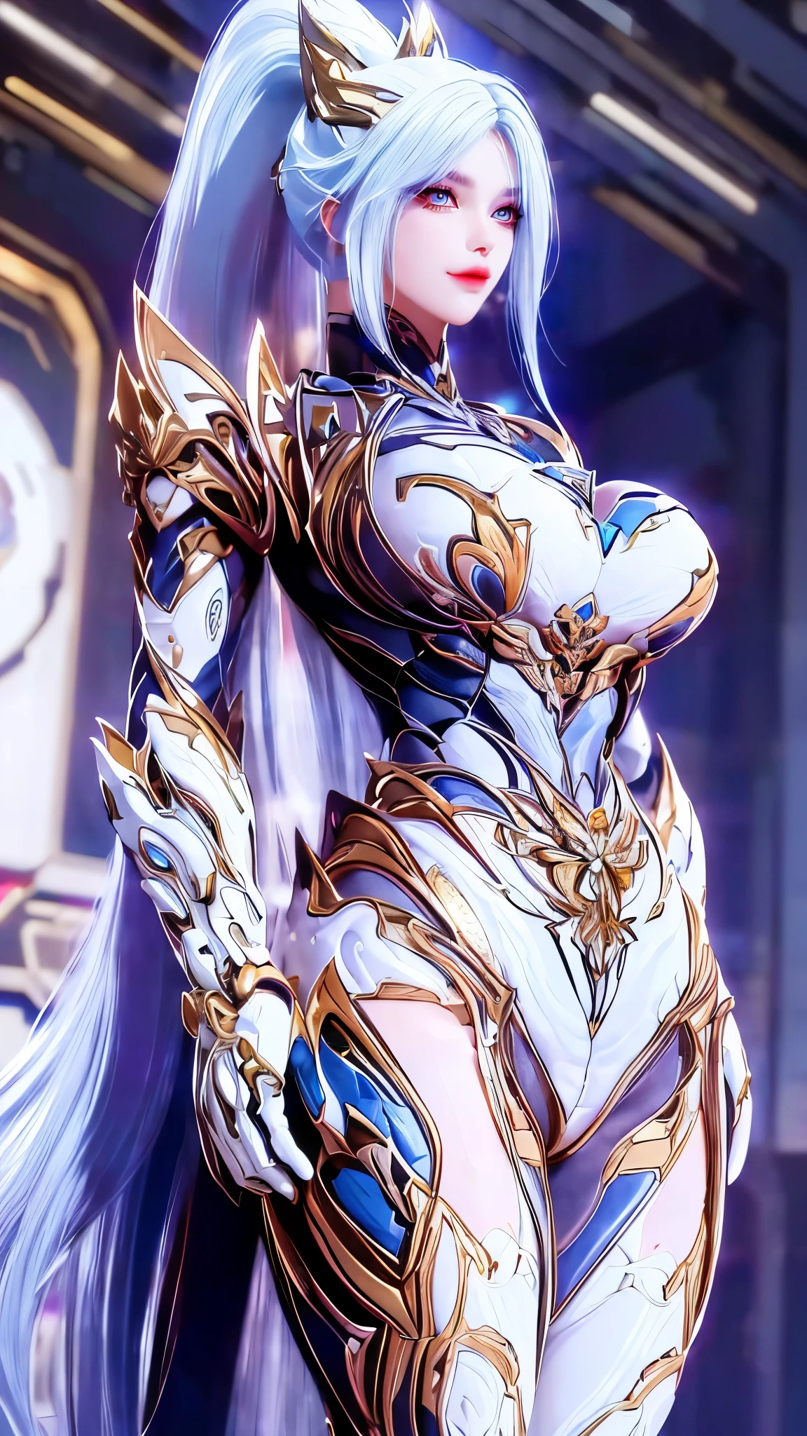 A beauty model girl with (long ponytail hair, gold headwear accecories:1.3), (CLOSE UP UPPER BODY:0.8), (COWBOY SHOT PORTRAIT:1.4), ((K CUP OVERSIZE BREASTS, HUGE FAKE BREASTS:1.3)), (11 LINE ABS:1.5), ((RGB COLOR MECHA GUARD ARM, MECHA GUARD SHOULDER:1.5)), (SHINY BLUE SKINTIGHT MECHA TRANSPARANT WHITE ARMOR FROM OVERWATCH 2:1.5), (VOLUPTUOUS HOURGLASS BODY TYPE, GLOWING BODY PALE SKIN:1.3), (LOOKING AT VIEWER:1.5), (HALLWAY OF FUTURISTIC SPACE STATION:1.3), (BRIGHT LIGHT WHITE_ROOM:1.3), HYPER TEXTURE, UNREAL ENGINE RENDER, PHYSICALLY-BASED RENDERING, ULTRA HIGHT DEFINITION, 16K, DSLR, 1080P.