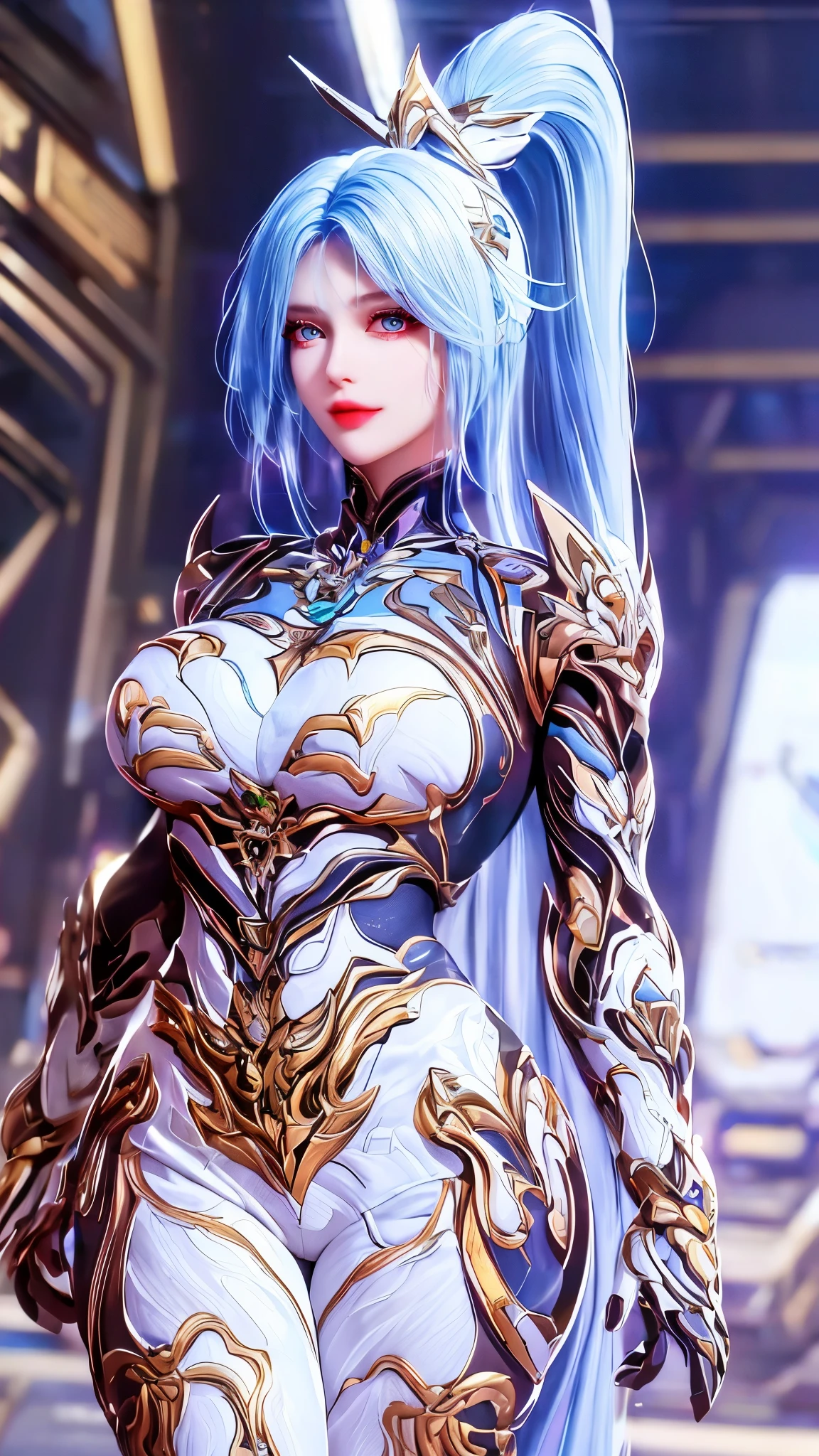 A beauty model girl with (long ponytail hair, gold headwear accecories:1.3), (CLOSE UP UPPER BODY:0.8), (COWBOY SHOT PORTRAIT:1.4), ((K CUP OVERSIZE BREASTS, HUGE FAKE BREASTS:1.3)), (11 LINE ABS:1.5), ((RGB COLOR MECHA GUARD ARM, MECHA GUARD SHOULDER:1.5)), (SHINY BLUE SKINTIGHT MECHA TRANSPARANT WHITE ARMOR FROM OVERWATCH 2:1.5), (VOLUPTUOUS HOURGLASS BODY TYPE, GLOWING BODY PALE SKIN:1.3), (LOOKING AT VIEWER:1.5), (HALLWAY OF FUTURISTIC SPACE STATION:1.3), (BRIGHT LIGHT WHITE_ROOM:1.3), HYPER TEXTURE, UNREAL ENGINE RENDER, PHYSICALLY-BASED RENDERING, ULTRA HIGHT DEFINITION, 16K, DSLR, 1080P.