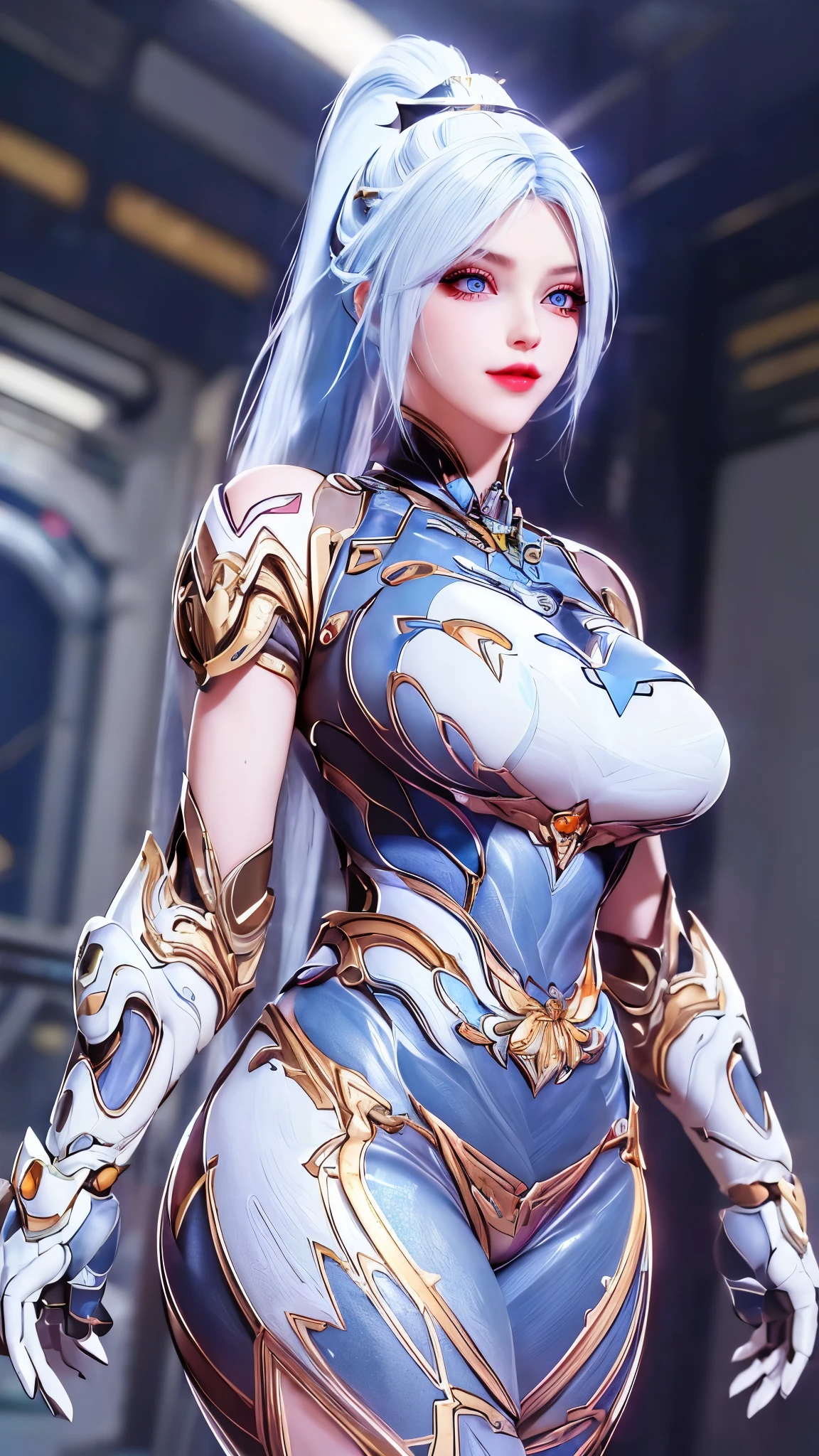 A beauty model girl with (long ponytail hair, gold headwear accecories:1.3), (CLOSE UP UPPER BODY:0.8), (COWBOY SHOT PORTRAIT:1.4), ((K CUP OVERSIZE BREASTS, HUGE FAKE BREASTS:1.3)), (11 LINE ABS:1.5), ((RGB COLOR MECHA GUARD ARM, MECHA GUARD SHOULDER:1.5)), (SHINY BLUE SKINTIGHT MECHA TRANSPARANT WHITE ARMOR FROM OVERWATCH 2:1.5), (VOLUPTUOUS HOURGLASS BODY TYPE, GLOWING BODY PALE SKIN:1.3), (LOOKING AT VIEWER:1.5), (HALLWAY OF FUTURISTIC SPACE STATION:1.3), (BRIGHT LIGHT WHITE_ROOM:1.3), HYPER TEXTURE, UNREAL ENGINE RENDER, PHYSICALLY-BASED RENDERING, ULTRA HIGHT DEFINITION, 16K, DSLR, 1080P.