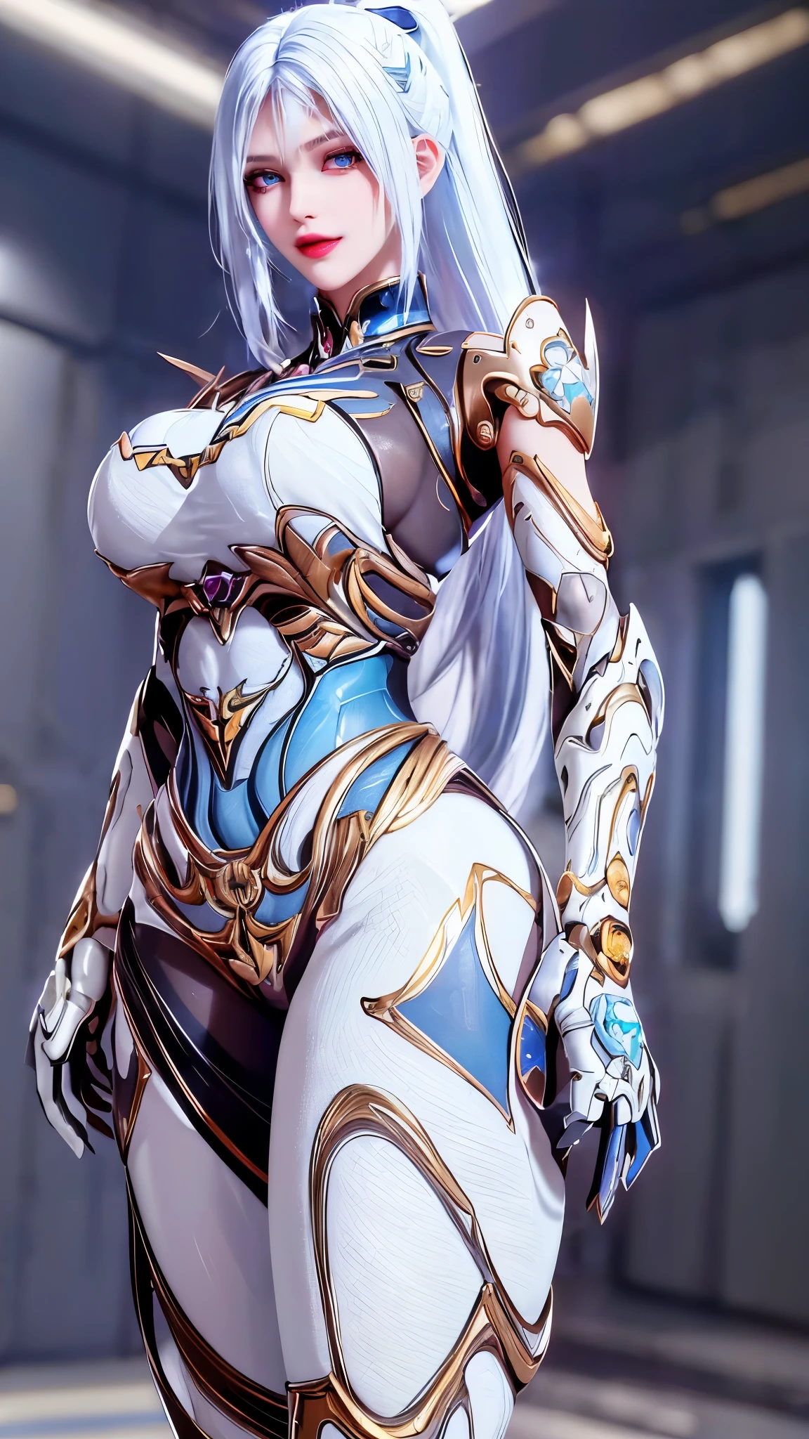 A beauty model girl with (long ponytail hair, gold headwear accecories:1.3), (CLOSE UP UPPER BODY:0.8), (COWBOY SHOT PORTRAIT:1.4), ((K CUP OVERSIZE BREASTS, HUGE FAKE BREASTS:1.3)), (11 LINE ABS:1.5), ((RGB COLOR MECHA GUARD ARM, MECHA GUARD SHOULDER:1.5)), (SHINY BLUE SKINTIGHT MECHA TRANSPARANT WHITE ARMOR FROM OVERWATCH 2:1.5), (VOLUPTUOUS HOURGLASS BODY TYPE, GLOWING BODY PALE SKIN:1.3), (LOOKING AT VIEWER:1.5), (HALLWAY OF FUTURISTIC SPACE STATION:1.3), (BRIGHT LIGHT WHITE_ROOM:1.3), HYPER TEXTURE, UNREAL ENGINE RENDER, PHYSICALLY-BASED RENDERING, ULTRA HIGHT DEFINITION, 16K, DSLR, 1080P.