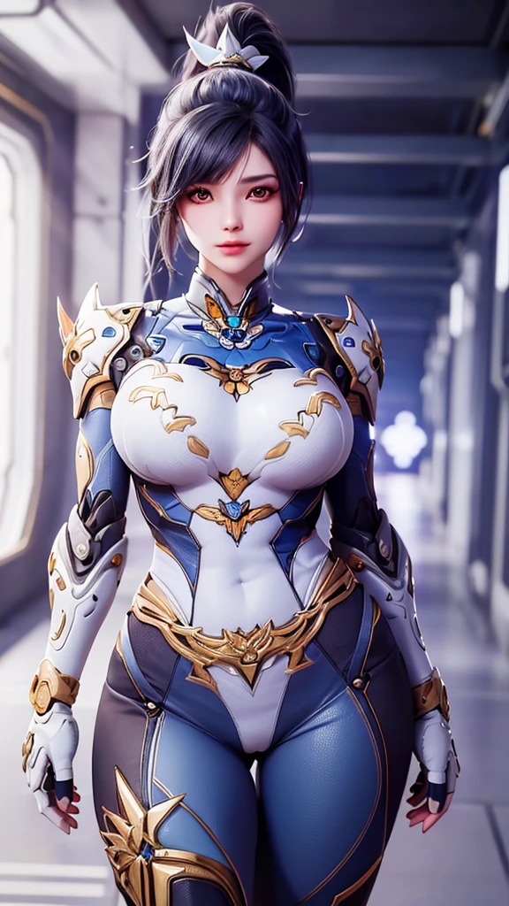 A beauty model girl with (long ponytail hair, gold headwear accecories:1.3), (CLOSE UP UPPER BODY:0.8), (COWBOY SHOT PORTRAIT:1.4), ((K CUP OVERSIZE BREASTS, HUGE FAKE BREASTS:1.3)), (11 LINE ABS:1.5), ((RGB COLOR MECHA GUARD ARM, MECHA GUARD SHOULDER:1.5)), (SHINY BLUE SKINTIGHT MECHA TRANSPARANT WHITE ARMOR FROM OVERWATCH 2:1.5), (VOLUPTUOUS HOURGLASS BODY TYPE, GLOWING BODY PALE SKIN:1.3), (LOOKING AT VIEWER:1.5), (HALLWAY OF FUTURISTIC SPACE STATION:1.3), (BRIGHT LIGHT WHITE_ROOM:1.3), HYPER TEXTURE, UNREAL ENGINE RENDER, PHYSICALLY-BASED RENDERING, ULTRA HIGHT DEFINITION, 16K, DSLR, 1080P.