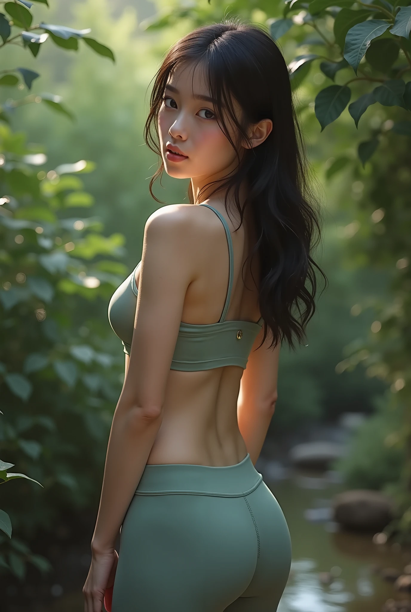(masterpiece、top-quality), 独奏, (Photorealistic woman:1.10)、Very exquisite and beautiful girl、1girl in, Clean face、A detailed face、 A smile, Running, dynamicposes, Look at viewers, cabelos preto e longos, XP Hair Ornament, ,thighs thighs thighs thighs, Skindentation, Background in the forest,blur backgroun、