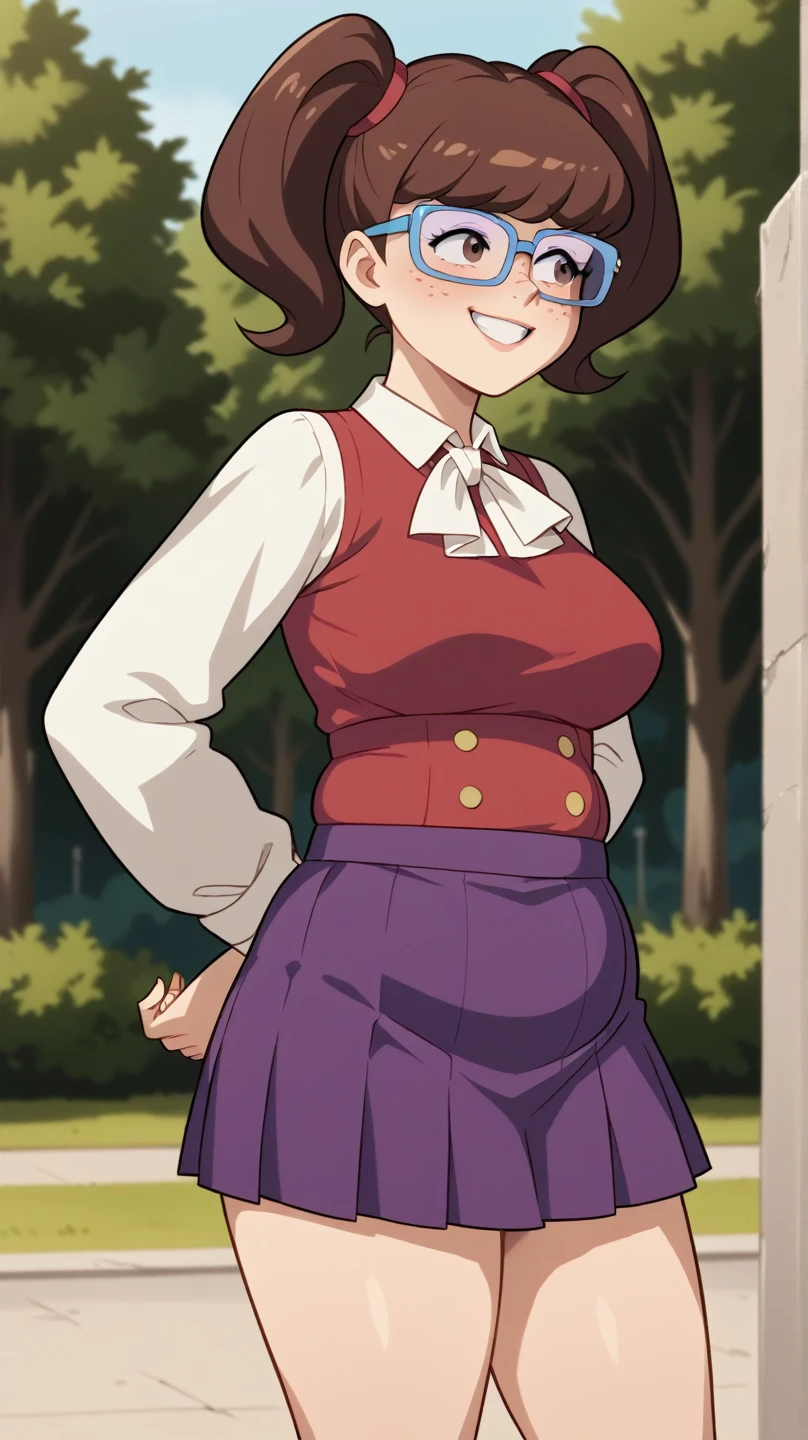 score_9, score_8_up, score_7_up, BREAK, madelyn, brown hair, twintails, glasses, blue framed glasses, purple skirt, long sleeves, outdoors, smiling, shy, freckles, brown eyes, hands behind back, chubby, red collared shirt, short skirt 