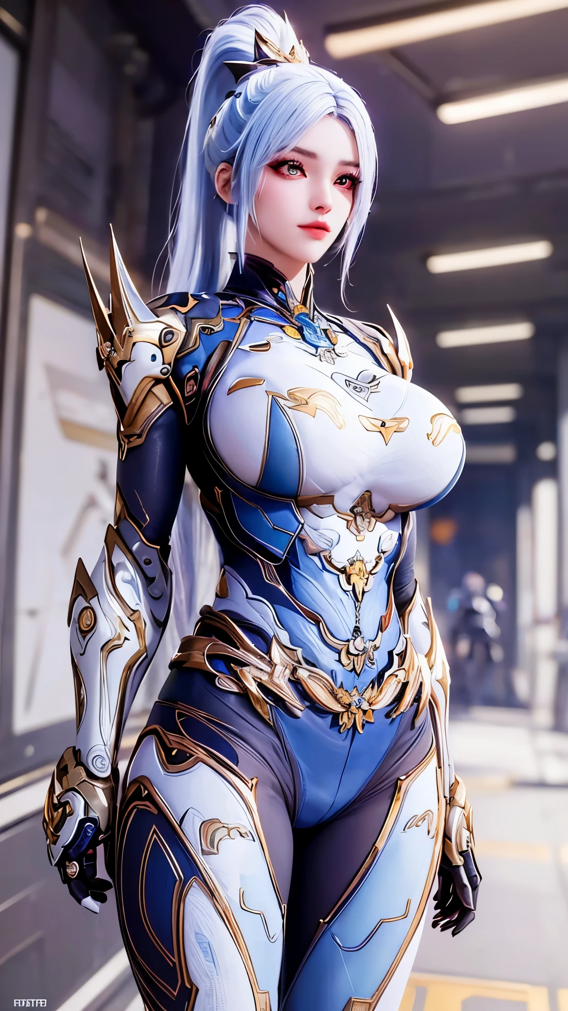 A beauty model girl with (long ponytail hair, gold headwear accecories:1.3), (CLOSE UP UPPER BODY:0.8), (COWBOY SHOT PORTRAIT:1.4), ((K CUP OVERSIZE BREASTS, HUGE FAKE BREASTS:1.3)), (11 LINE ABS:1.5), ((RGB COLOR MECHA GUARD ARM, MECHA GUARD SHOULDER:1.5)), (SHINY BLUE SKINTIGHT MECHA TRANSPARANT WHITE ARMOR FROM OVERWATCH 2:1.5), (VOLUPTUOUS HOURGLASS BODY TYPE, GLOWING BODY PALE SKIN:1.3), (LOOKING AT VIEWER:1.5), (HALLWAY OF FUTURISTIC SPACE STATION:1.3), (BRIGHT LIGHT WHITE_ROOM:1.3), HYPER TEXTURE, UNREAL ENGINE RENDER, PHYSICALLY-BASED RENDERING, ULTRA HIGHT DEFINITION, 16K, DSLR, 1080P.