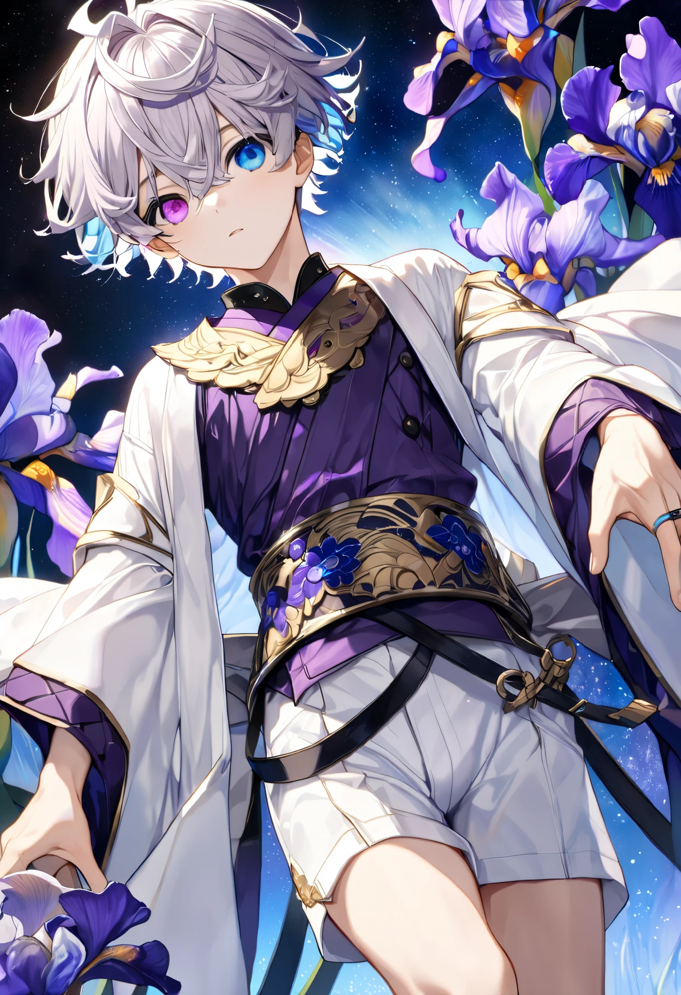 fresh illustration ,
Superfine painting,
very delicate illustration ,
Very fine details ,
Picture of only one boy ,
Height: 158cm,
(( standing)),
white skin,
(((((The right iris is purple and the left iris is blue)))))
(((((Complete iris heterochromia ))))),
beautiful eyes,
large black pupils ,
short hair,
Gray Hair,
hair roots are bluish ,
The hair has gradation ,
shiny hair with makeup,
Beautiful and pretty face,
A small rear wheel that shines brightly floats above the head ,
raised eyebrows ,
and is wearing a kimono on the upper body in kimono,
Masculine physique,
Six Pack,
Super Skinny,
No boobs,
lower body Nadres ,
The color of the belt is black ,
Overall white clothes ,
The design is tastefully embroidered with gold thread,
fine fabric clothing ,
jockstrap underwear ,
Thigh Straps,
Thigh Strapsは肌に食い込んでいる,
white long boots,
There are countless Japanese style ,
number of fingers on the hands and feet ,
thin waist,
thin legs ,
Isometric,
Golden Ratio,
god々 like atmosphere,
The undershirt is indigo-colored with a stand-up collar,
outer space ,
Milky Way,
Little Star々 upper body ,
tactical use of shadows ,
rings of the head and hair do not stick out of the angle of view,
Clothes don't stick out of the angle of view ,
(( full shot))