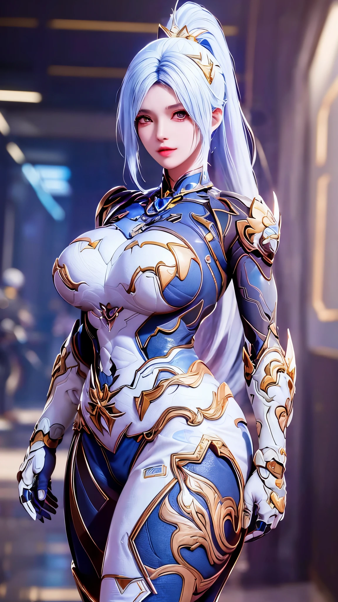 A beauty model girl with (long ponytail hair, gold headwear accecories:1.3), (CLOSE UP UPPER BODY:0.8), (COWBOY SHOT PORTRAIT:1.4), ((K CUP OVERSIZE BREASTS, HUGE FAKE BREASTS:1.3)), (11 LINE ABS:1.5), ((RGB COLOR MECHA GUARD ARM, MECHA GUARD SHOULDER:1.5)), (SHINY BLUE SKINTIGHT MECHA TRANSPARANT WHITE ARMOR FROM OVERWATCH 2:1.5), (VOLUPTUOUS HOURGLASS BODY TYPE, GLOWING BODY PALE SKIN:1.3), (LOOKING AT VIEWER:1.5), (HALLWAY OF FUTURISTIC SPACE STATION:1.3), (BRIGHT LIGHT WHITE_ROOM:1.3), HYPER TEXTURE, UNREAL ENGINE RENDER, PHYSICALLY-BASED RENDERING, ULTRA HIGHT DEFINITION, 16K, DSLR, 1080P.