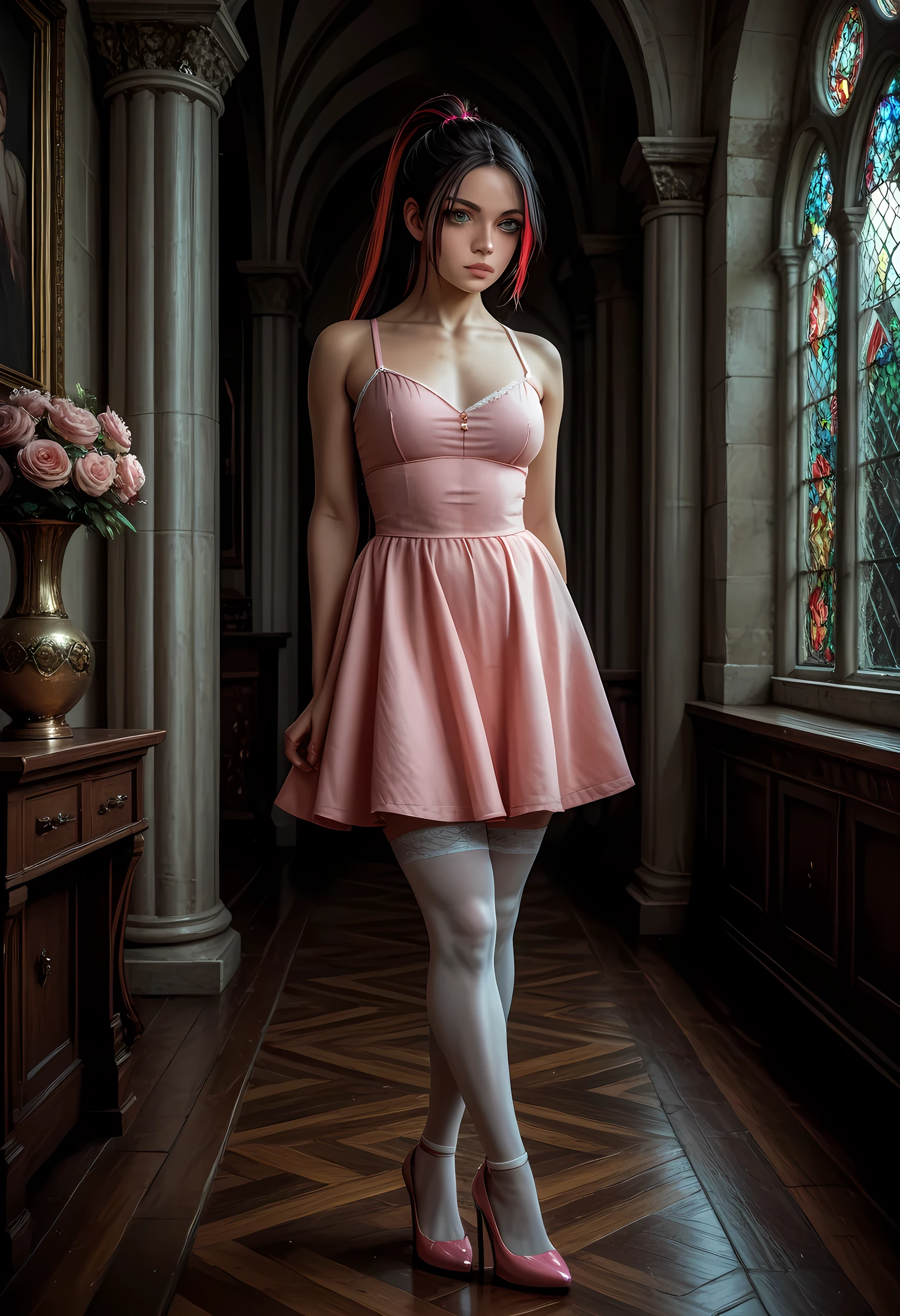 perfect face, detailed face, score_9, score_8_up, score_7_up, score_6_up, portrait, mansion, posing, Flat chest, slim waist, 1femboy chescat, green eyes, long hair, ponytail, multicolored striped hair, (black hair), (Red hair), light skin, lips, ((medium breasts)), (plump breasts), ((small cock bulge)), big ass, wearing pink sundress, wearing white stockings, wearing pink heels, Expressiveh, solo alone, standing