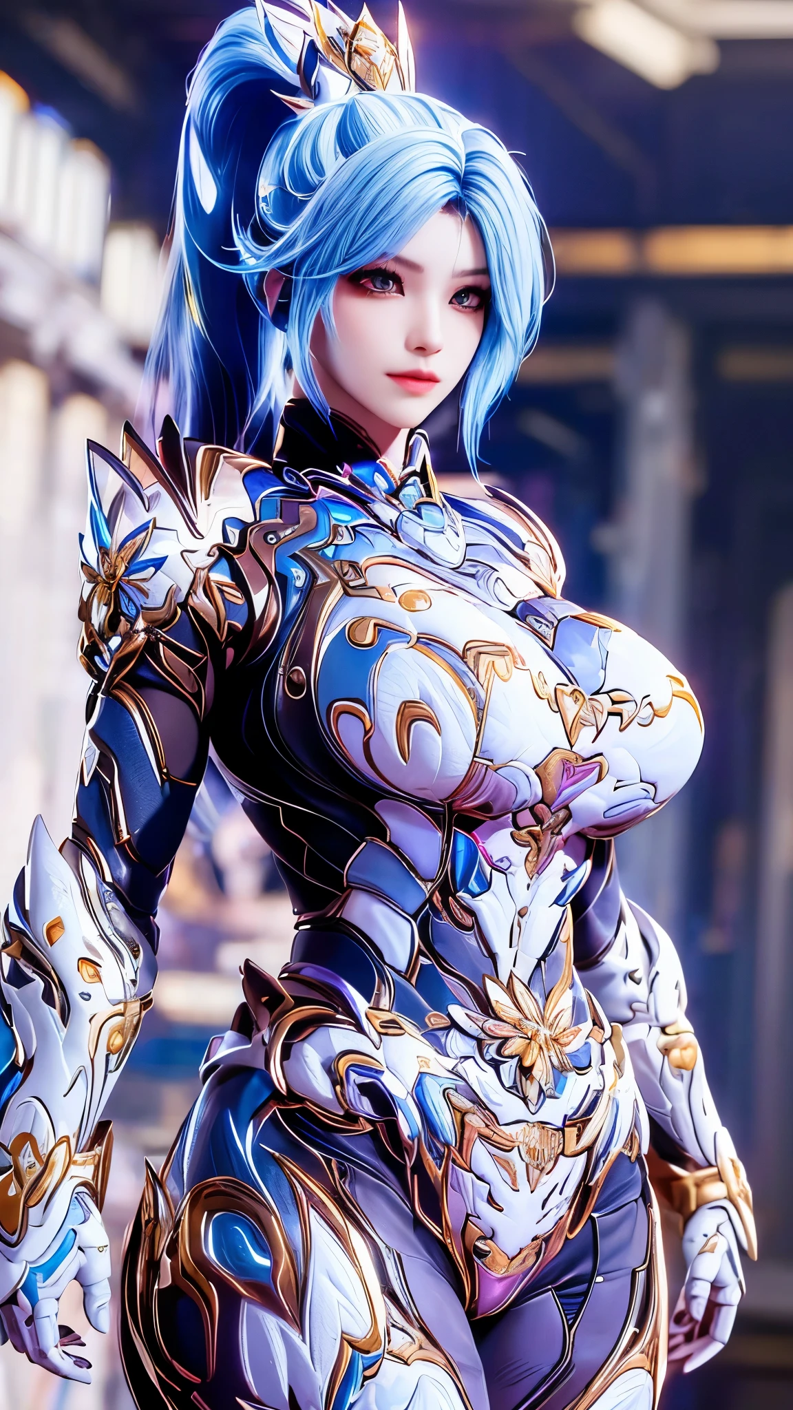 A beauty model girl with (long ponytail hair, gold headwear accecories:1.3), (CLOSE UP UPPER BODY:0.8), (COWBOY SHOT PORTRAIT:1.4), ((K CUP OVERSIZE BREASTS, HUGE FAKE BREASTS:1.3)), (11 LINE ABS:1.5), ((RGB COLOR MECHA GUARD ARM, MECHA GUARD SHOULDER:1.5)), (SHINY BLUE SKINTIGHT MECHA TRANSPARANT WHITE ARMOR FROM OVERWATCH 2:1.5), (VOLUPTUOUS HOURGLASS BODY TYPE, GLOWING BODY PALE SKIN:1.3), (LOOKING AT VIEWER:1.5), (HALLWAY OF FUTURISTIC SPACE STATION:1.3), (BRIGHT LIGHT WHITE_ROOM:1.3), HYPER TEXTURE, UNREAL ENGINE RENDER, PHYSICALLY-BASED RENDERING, ULTRA HIGHT DEFINITION, 16K, DSLR, 1080P.