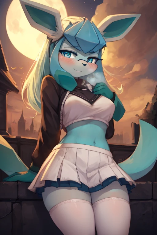 Furry girl, young, dog, cute hair, long ponytail, two tone hair, blonde hair, blue side hair, stars hairpin, red eyes, small breasts, detailed body fur, pink small cute jacket, open clothes, white frilly bikini, white frilly skirt, masterpiece, looking at you, two tone body fur, turquoise body fur, clear turquoise body fur, detailed face, big eyebrows, detailed eyes, detailed body, fantasy tower, clear Sky, detailed hands, glistering body, shiny body, skinny, :D, floppy dog ears,