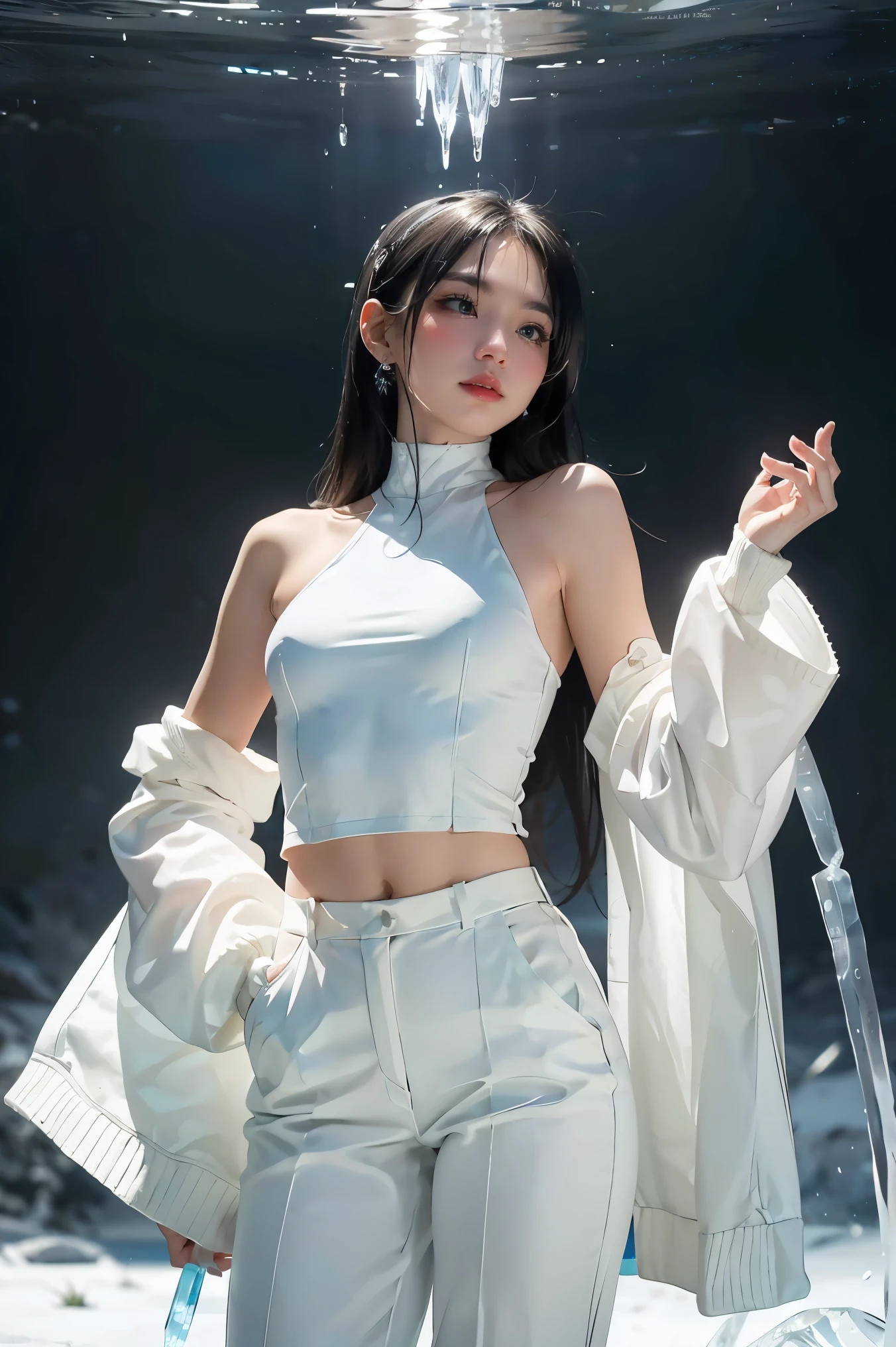 small head,  (perfect bodies: 1.1), (shoulder length straight short hair: 1.2), （极其细致的CG 8k壁纸），（Extremely refined and beautiful），（tmasterpiece），（best qualtiy：1.0），（超高分辨率：1.0），(upper body:1.3)，[A high resolution]，cheerfulness，Smile，Smooth and flawless fair skin，ultra - detailed ，Elongated legs，（Small breasts:1.1),Flat chest,Slim，emaciated，（White sweater:1.4),(white shorts:1.3),(round hips:1.3),(White leg ring:1.3),White socks,In a kitchen，Teal background，Next to the stovetop，Cooking，(from front:1.3)，Close shot，nightfall，warm light,Several dishes on table,standing,(from below:1.3),(cowboy shot:1.3),(Portrait photo:1.3)