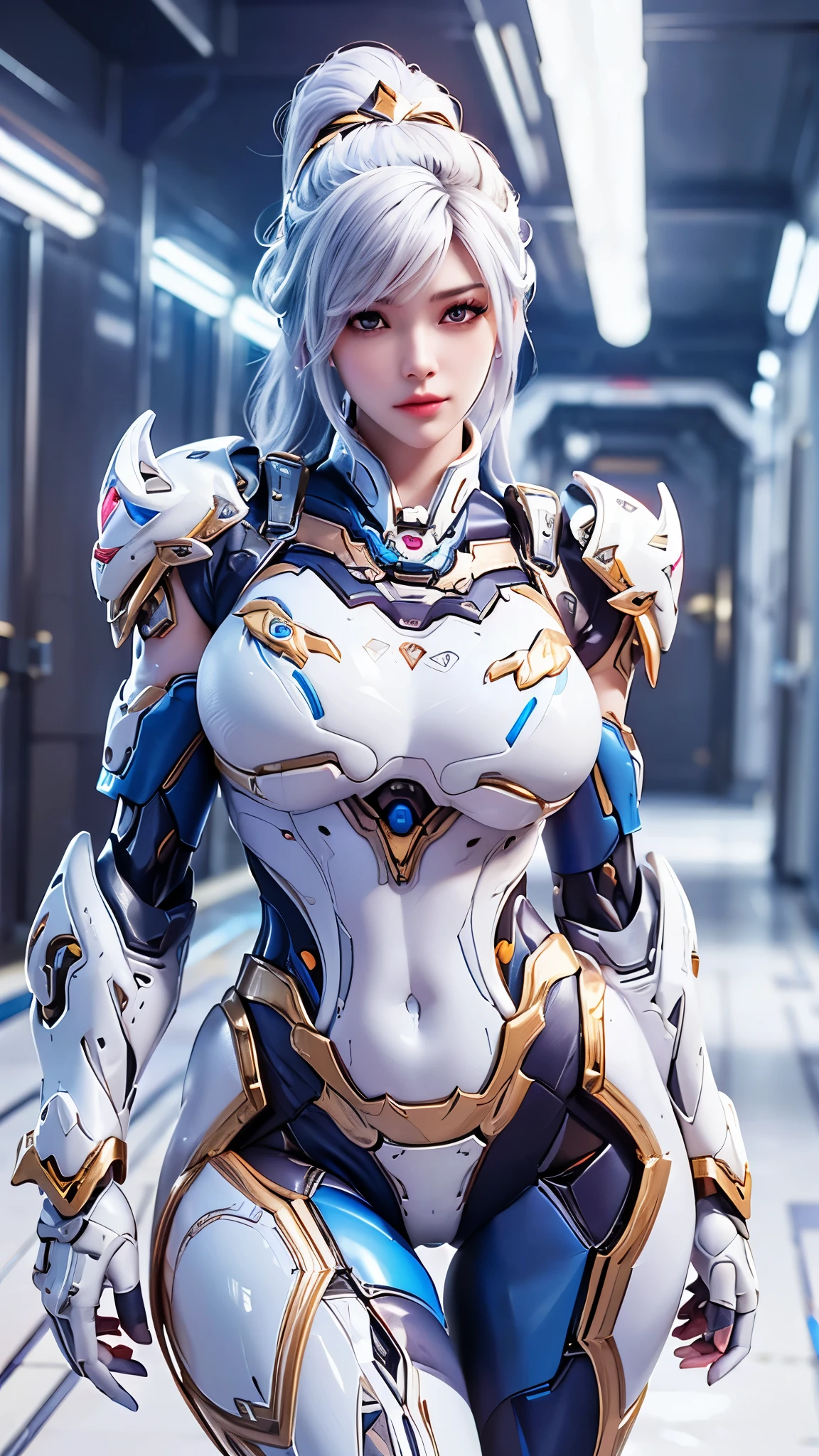 A beauty model girl with (long ponytail hair, gold headwear accecories:1.3), (CLOSE UP UPPER BODY:0.8), (COWBOY SHOT PORTRAIT:1.4), ((K CUP OVERSIZE BREASTS, HUGE FAKE BREASTS:1.3)), (11 LINE ABS:1.5), ((RGB COLOR MECHA GUARD ARM, MECHA GUARD SHOULDER:1.5)), (SHINY BLUE SKINTIGHT MECHA TRANSPARANT WHITE ARMOR FROM OVERWATCH 2:1.5), (VOLUPTUOUS HOURGLASS BODY TYPE, GLOWING BODY PALE SKIN:1.3), (LOOKING AT VIEWER:1.5), (HALLWAY OF FUTURISTIC SPACE STATION:1.3), (BRIGHT LIGHT WHITE_ROOM:1.3), HYPER TEXTURE, UNREAL ENGINE RENDER, PHYSICALLY-BASED RENDERING, ULTRA HIGHT DEFINITION, 16K, DSLR, 1080P.