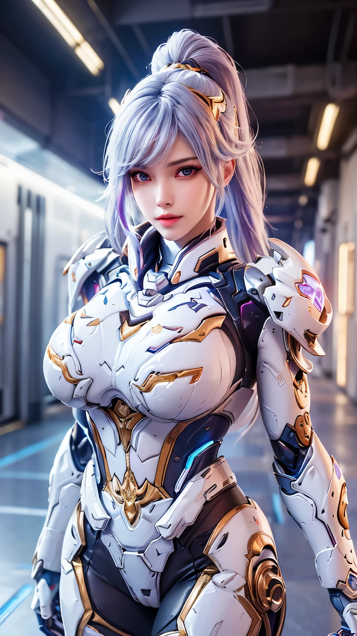 A beauty model girl with (long ponytail hair, gold headwear accecories:1.3), (CLOSE UP UPPER BODY:0.8), (COWBOY SHOT PORTRAIT:1.4), ((K CUP OVERSIZE BREASTS, HUGE FAKE BREASTS:1.3)), (11 LINE ABS:1.5), ((RGB COLOR MECHA GUARD ARM, MECHA GUARD SHOULDER:1.5)), (SHINY BLUE SKINTIGHT MECHA TRANSPARANT WHITE ARMOR FROM OVERWATCH 2:1.5), (VOLUPTUOUS HOURGLASS BODY TYPE, GLOWING BODY PALE SKIN:1.3), (LOOKING AT VIEWER:1.5), (HALLWAY OF FUTURISTIC SPACE STATION:1.3), (BRIGHT LIGHT WHITE_ROOM:1.3), HYPER TEXTURE, UNREAL ENGINE RENDER, PHYSICALLY-BASED RENDERING, ULTRA HIGHT DEFINITION, 16K, DSLR, 1080P.